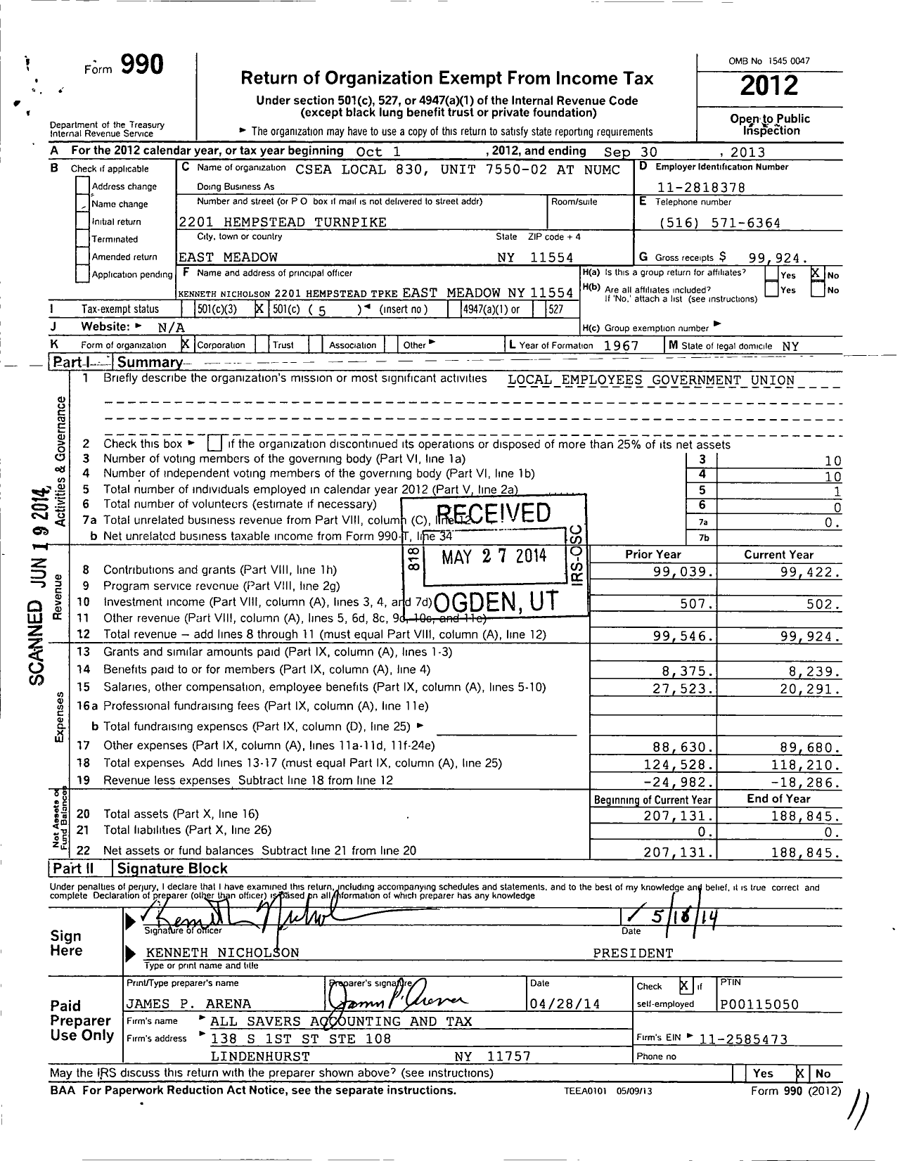 Image of first page of 2012 Form 990O for Csea Local 830 Unit 7550-2 at Numc