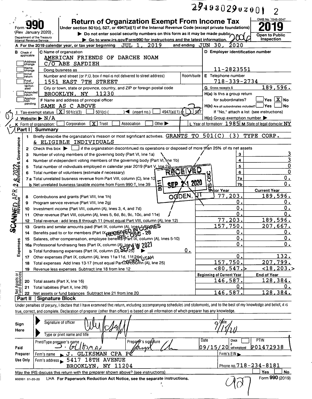 Image of first page of 2019 Form 990 for American Friends of Darche Noam