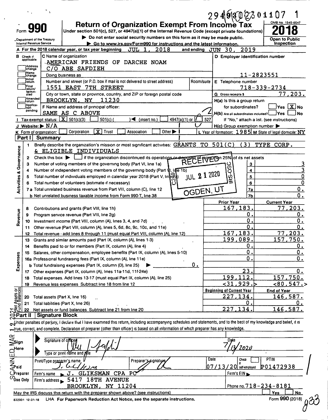 Image of first page of 2018 Form 990 for American Friends of Darche Noam