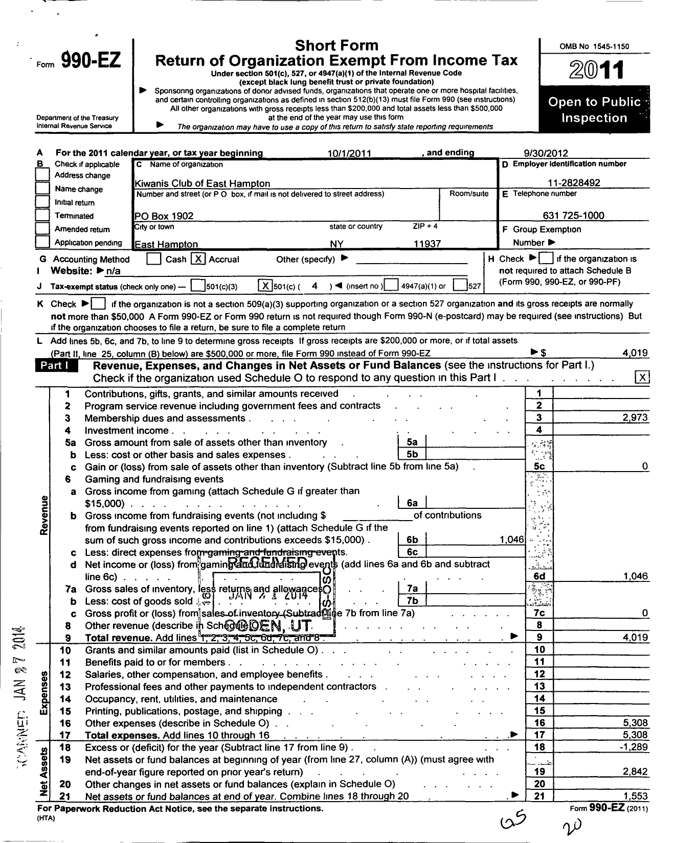 Image of first page of 2011 Form 990EO for Kiwanis International - K11456 East Hampton