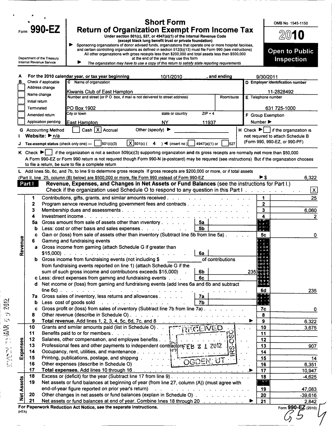 Image of first page of 2010 Form 990EO for Kiwanis International - K11456 East Hampton