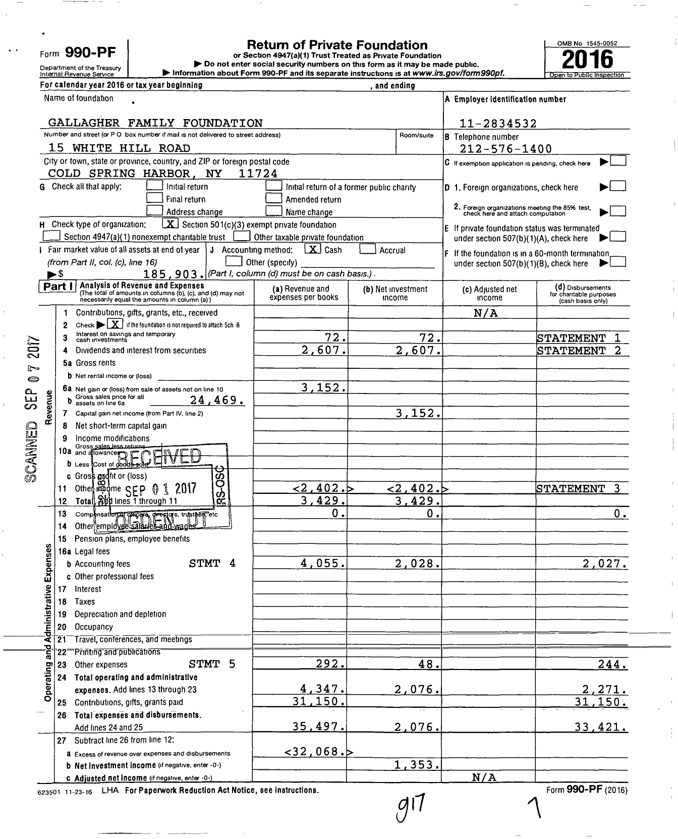 Image of first page of 2016 Form 990PF for Gallagher Family Foundation