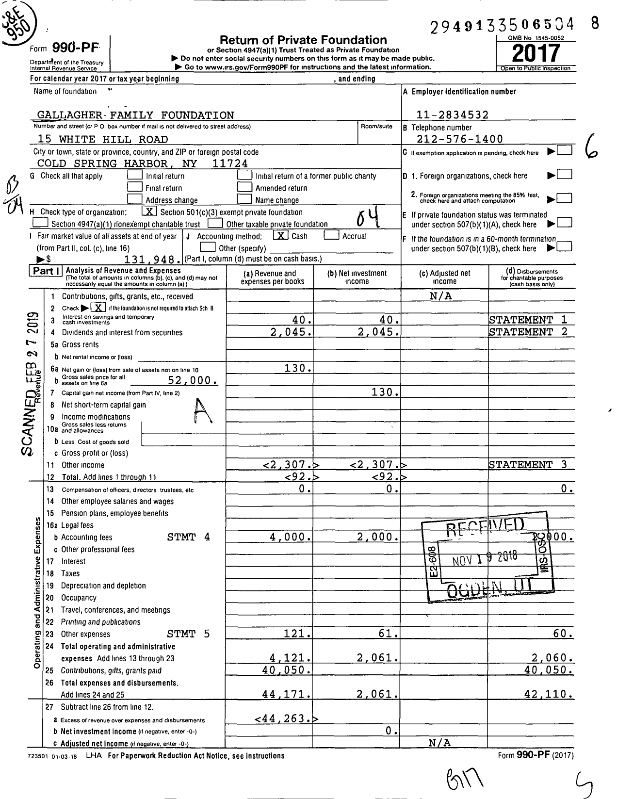 Image of first page of 2017 Form 990PF for Gallagher Family Foundation