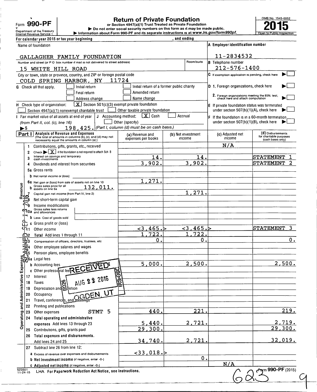 Image of first page of 2015 Form 990PF for Gallagher Family Foundation