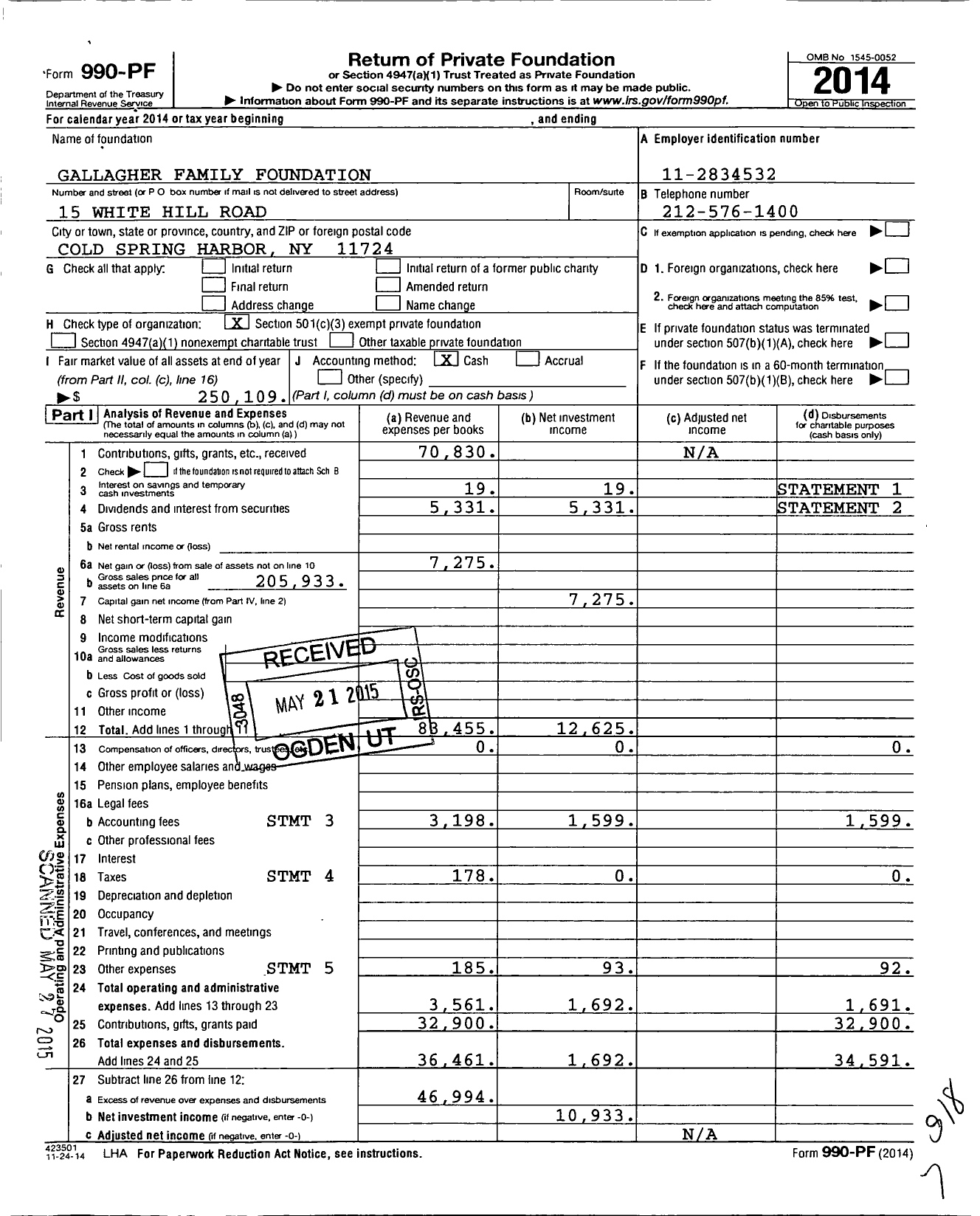 Image of first page of 2014 Form 990PF for Gallagher Family Foundation