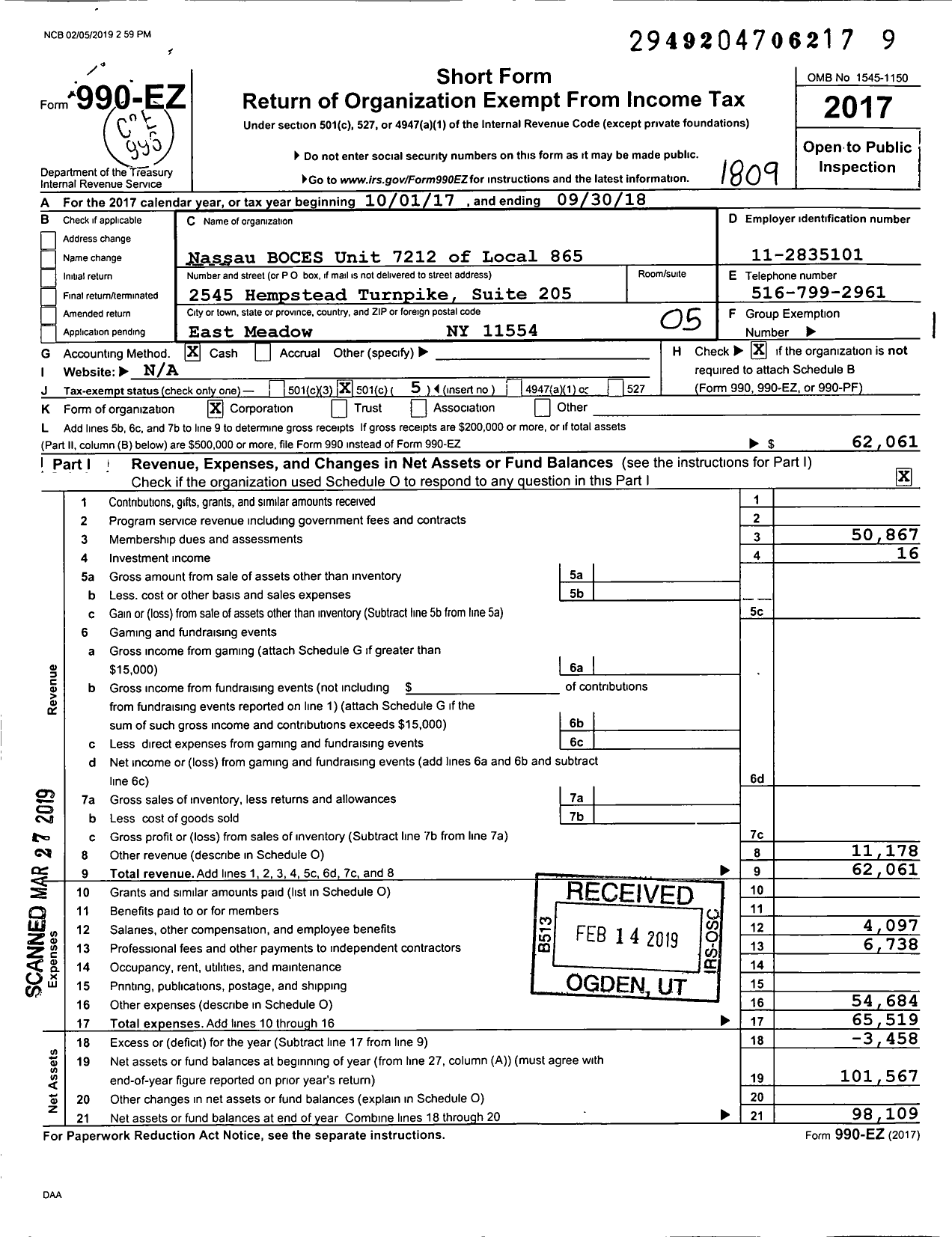 Image of first page of 2017 Form 990EO for Civil Service Employees Association - 865-721200 Nassau Co Education B