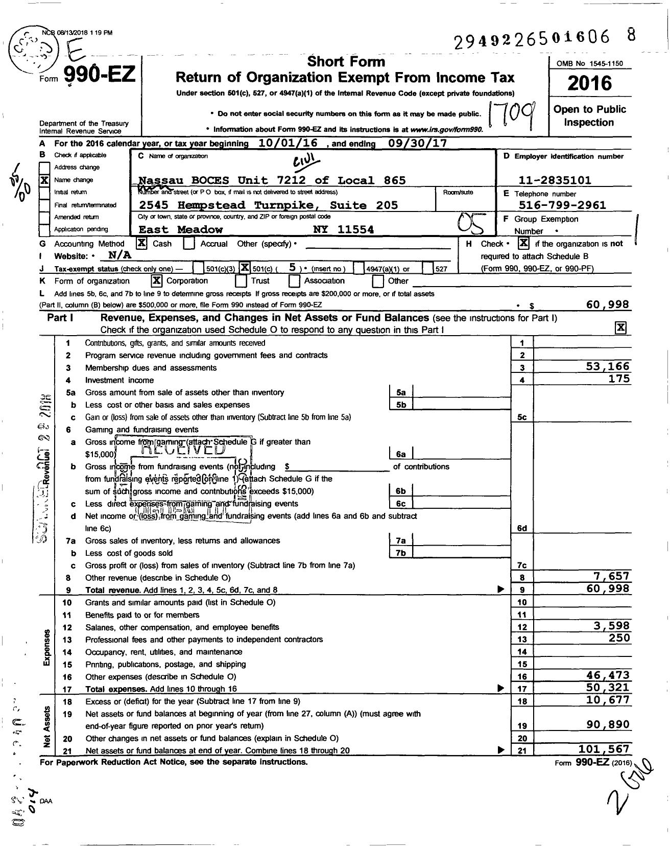 Image of first page of 2016 Form 990EO for Civil Service Employees Association - 865-721200 Nassau Co Education B