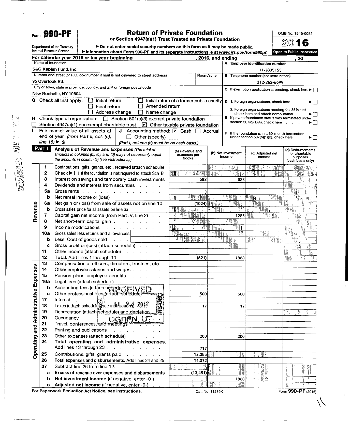 Image of first page of 2016 Form 990PF for S and G Kaplan Fund