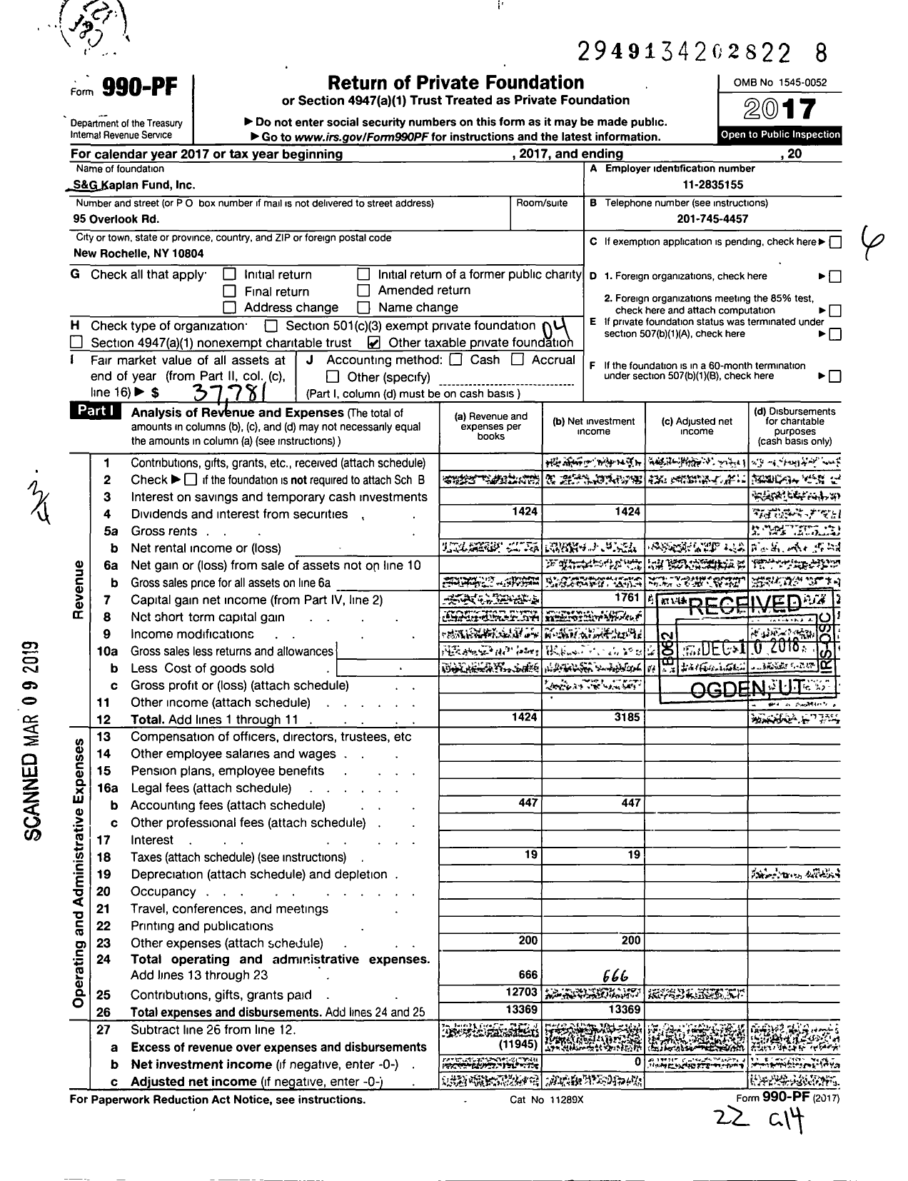 Image of first page of 2017 Form 990PF for S and G Kaplan Fund