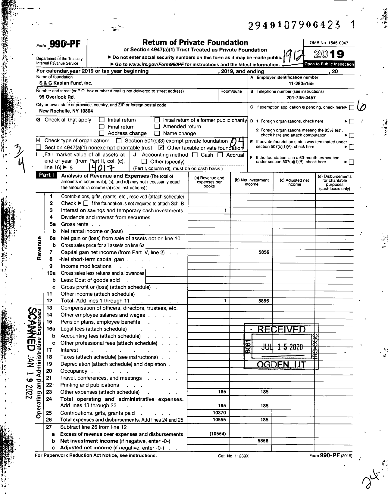Image of first page of 2019 Form 990PF for S and G Kaplan Fund