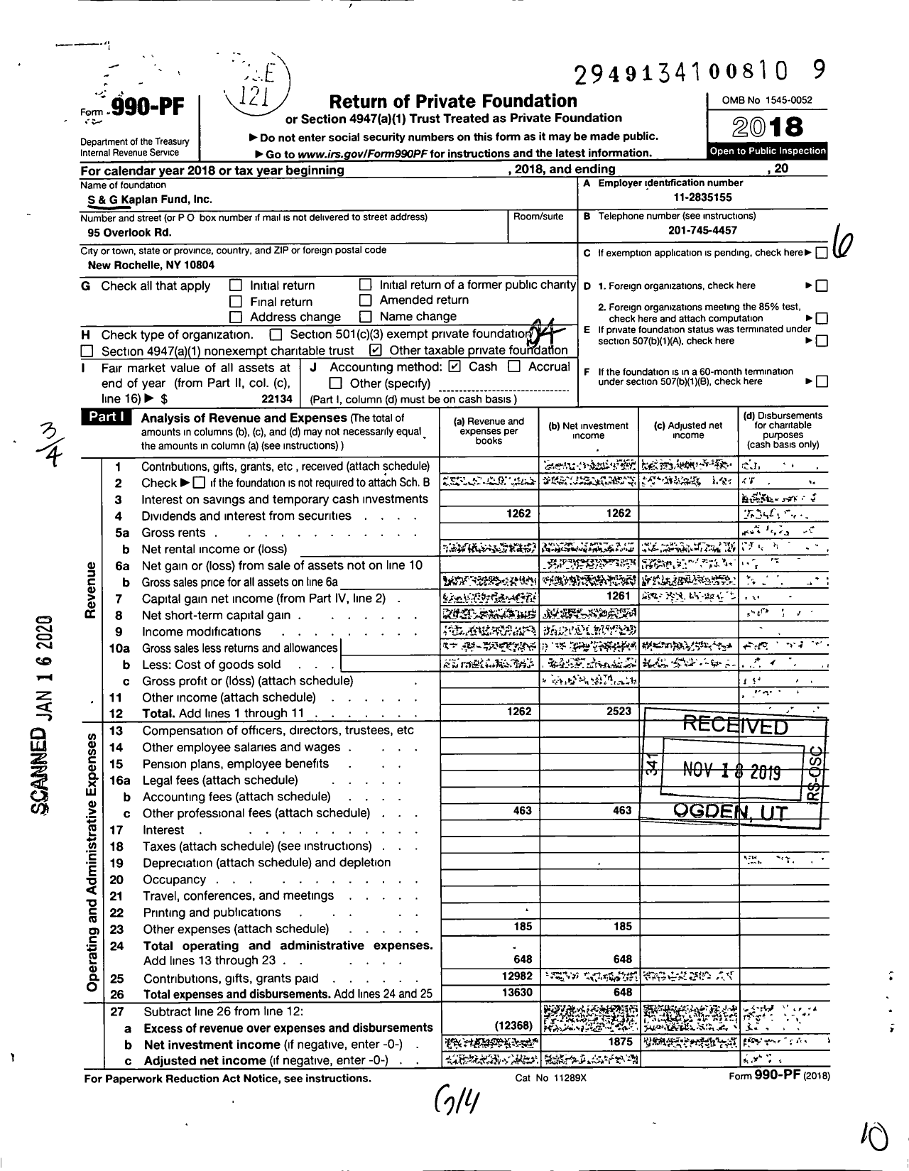 Image of first page of 2018 Form 990PF for S and G Kaplan Fund