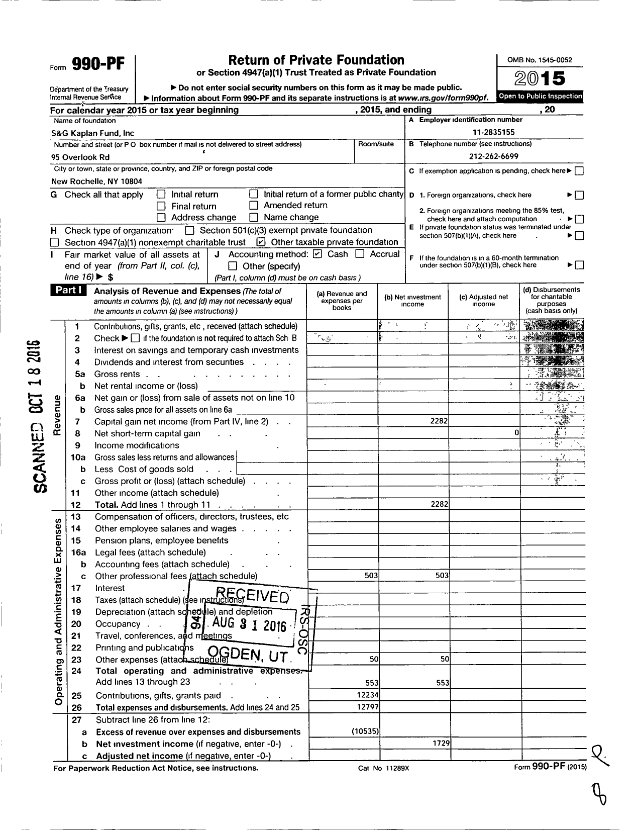 Image of first page of 2015 Form 990PF for S and G Kaplan Fund