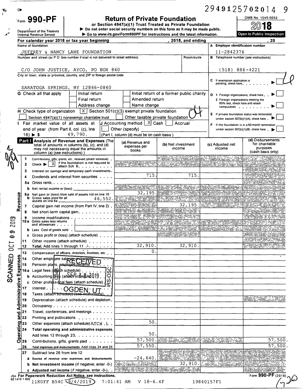 Image of first page of 2018 Form 990PF for Jeffrey & Nancy Lane Foundation