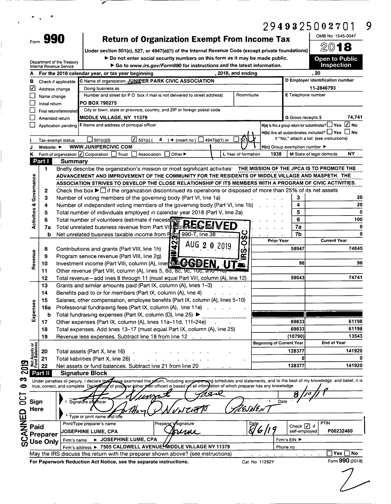 Image of first page of 2018 Form 990O for Juniper Park Civic Association