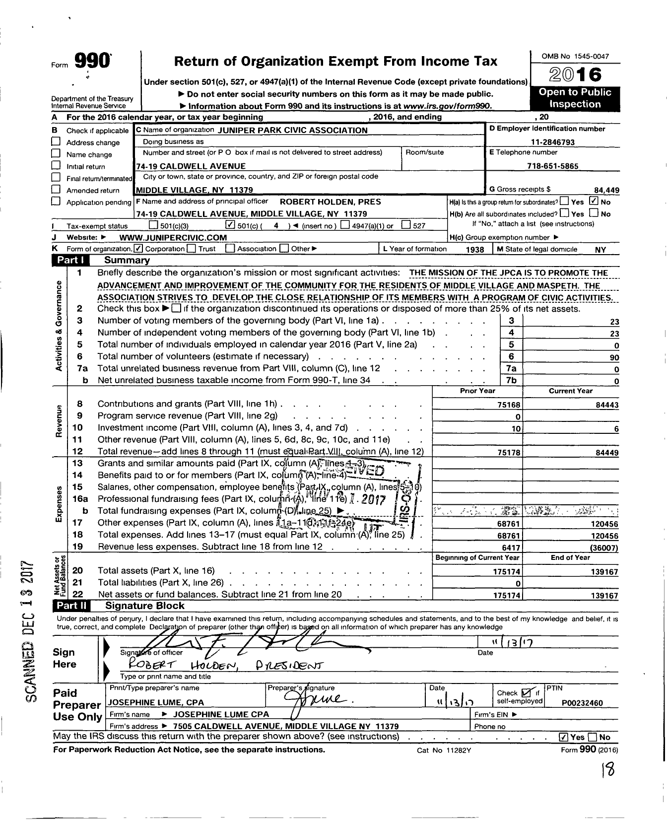 Image of first page of 2016 Form 990O for Juniper Park Civic Association