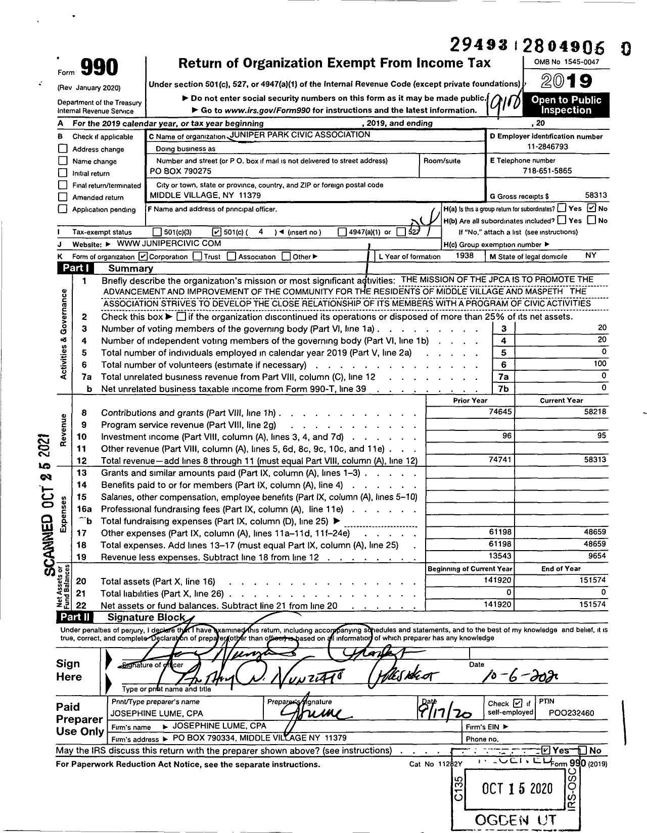 Image of first page of 2019 Form 990O for Juniper Park Civic Association