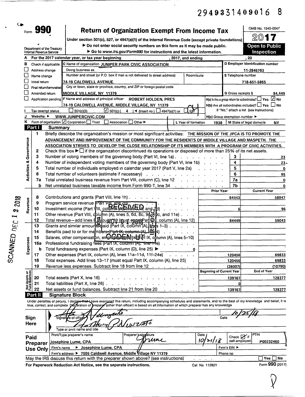 Image of first page of 2017 Form 990O for Juniper Park Civic Association