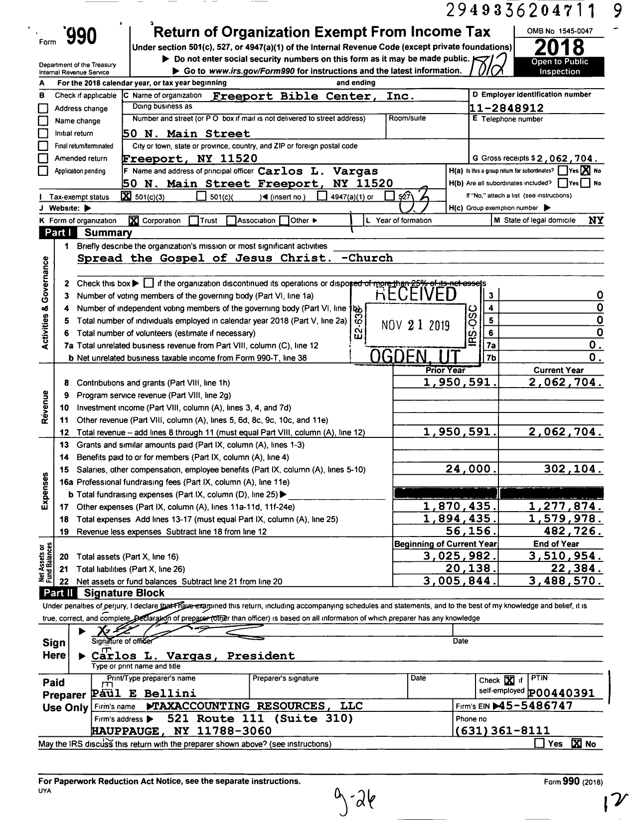 Image of first page of 2018 Form 990 for Freeport Bible Center