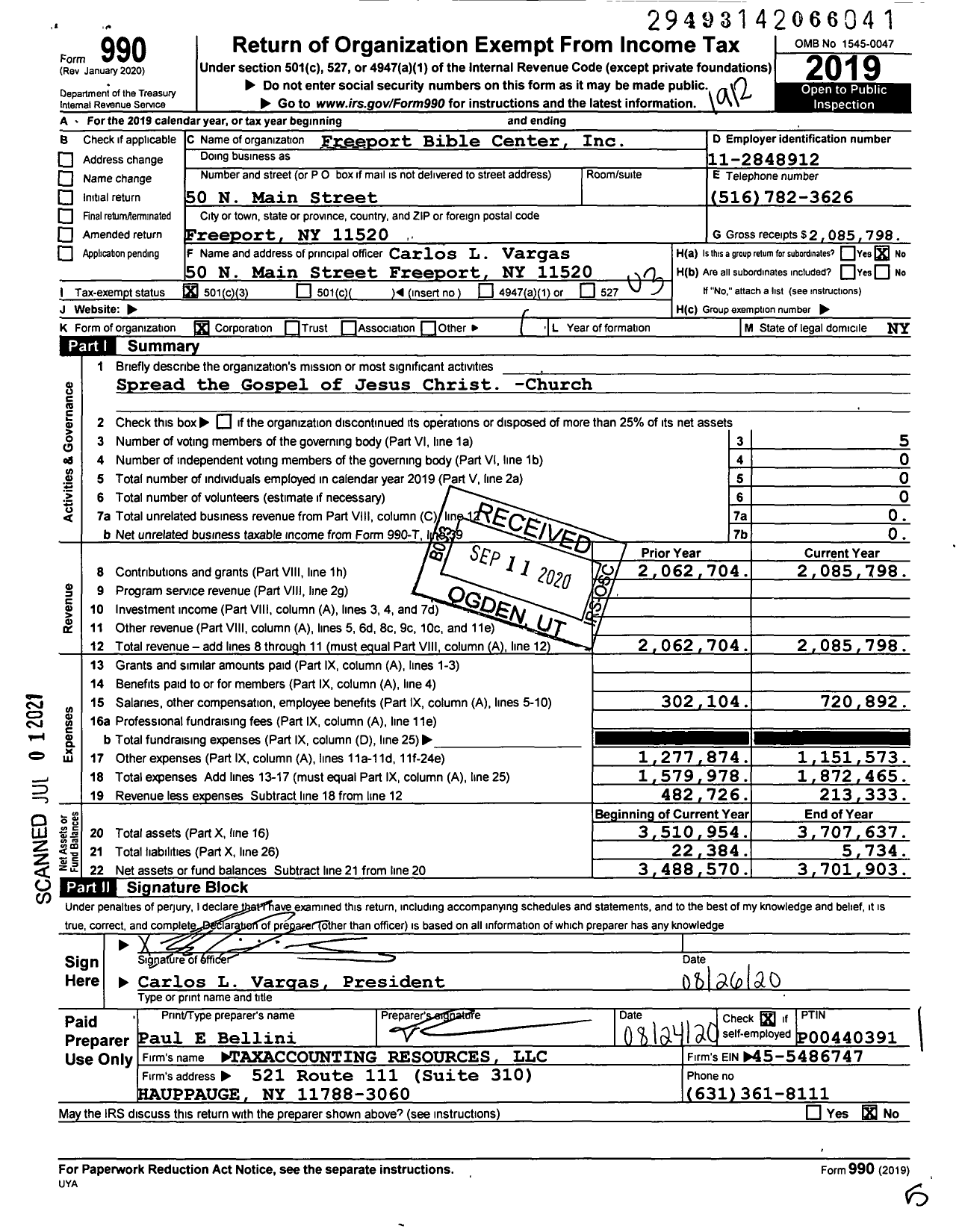 Image of first page of 2019 Form 990 for Freeport Bible Center