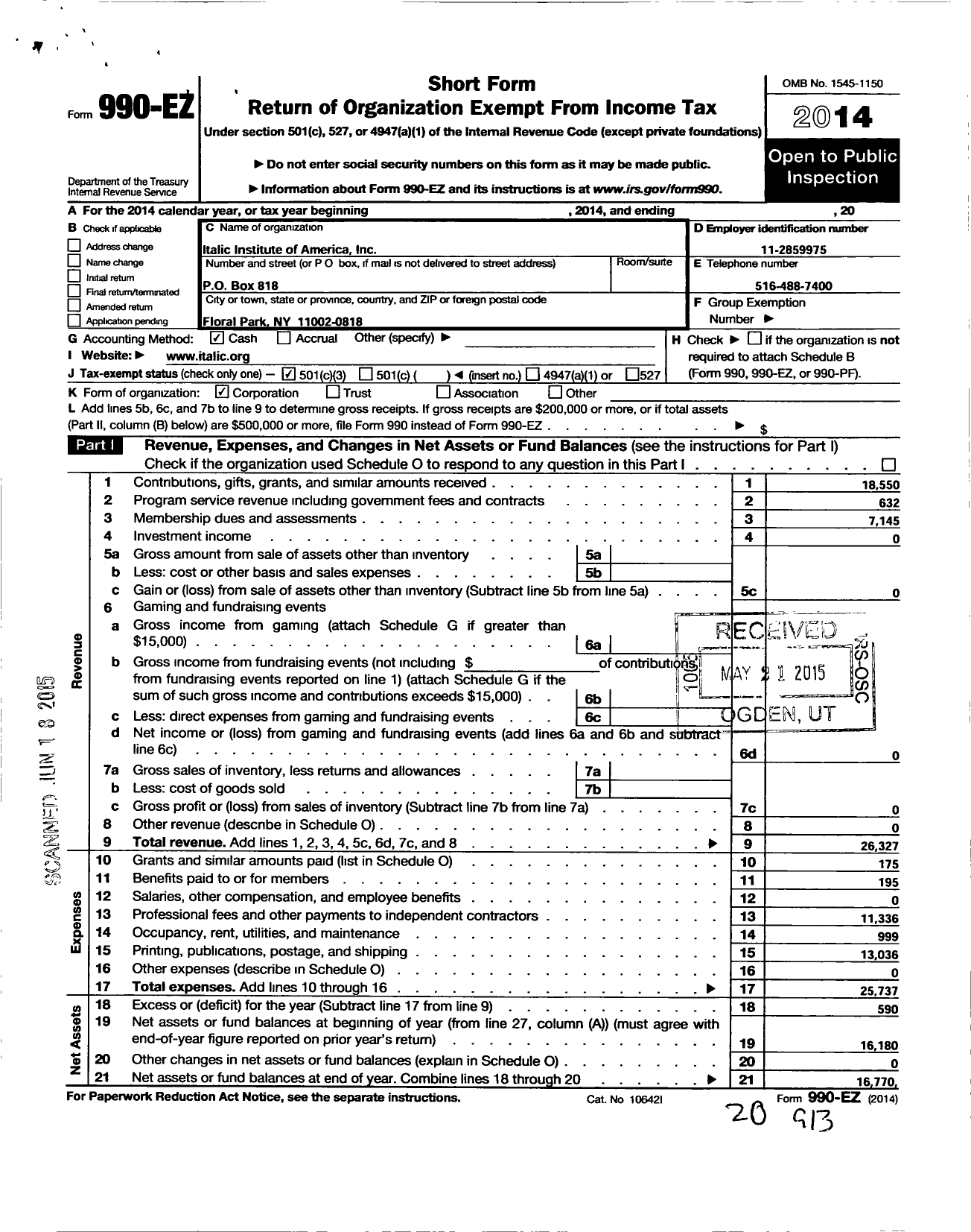 Image of first page of 2014 Form 990EZ for Italic Institute of America