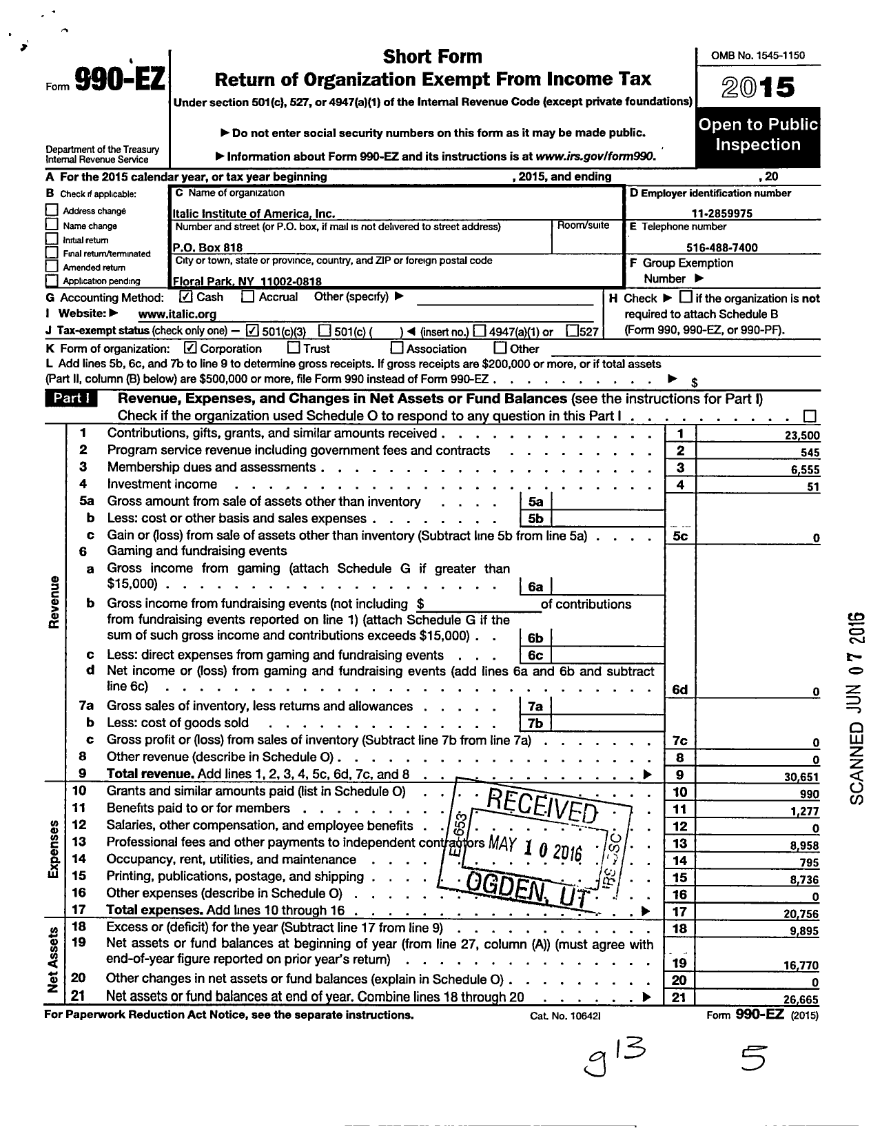 Image of first page of 2015 Form 990EZ for Italic Institute of America