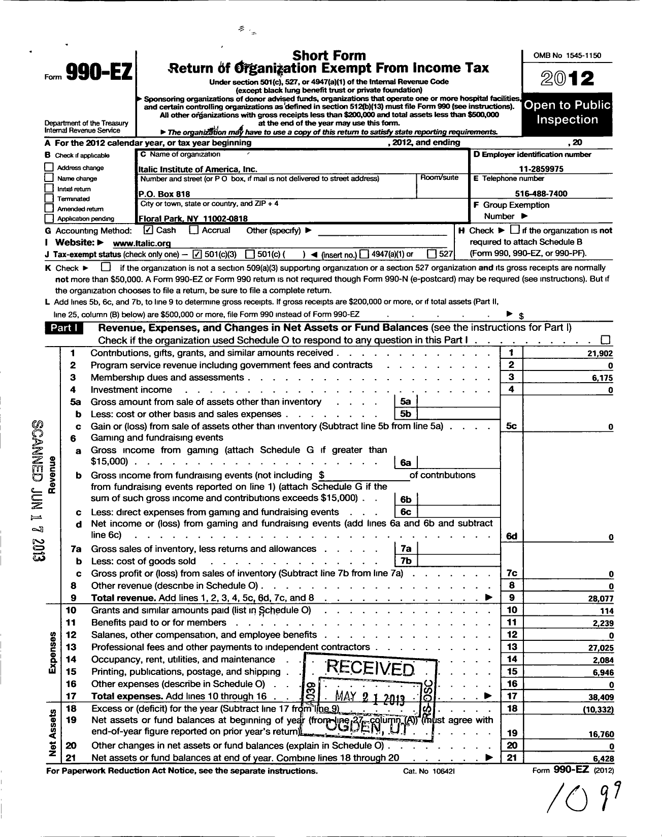 Image of first page of 2012 Form 990EZ for Italic Institute of America