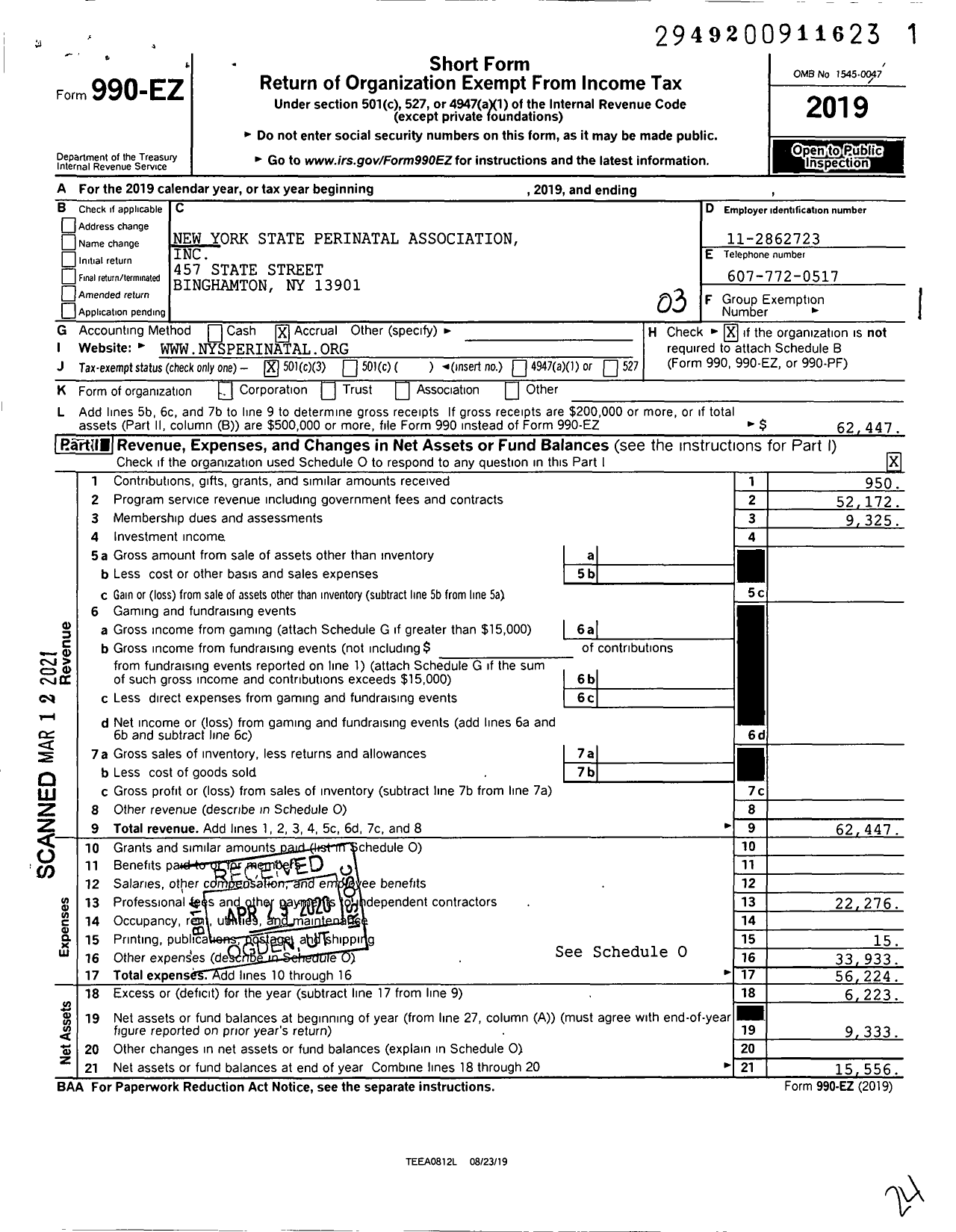 Image of first page of 2019 Form 990EZ for New York State Perinatal Association