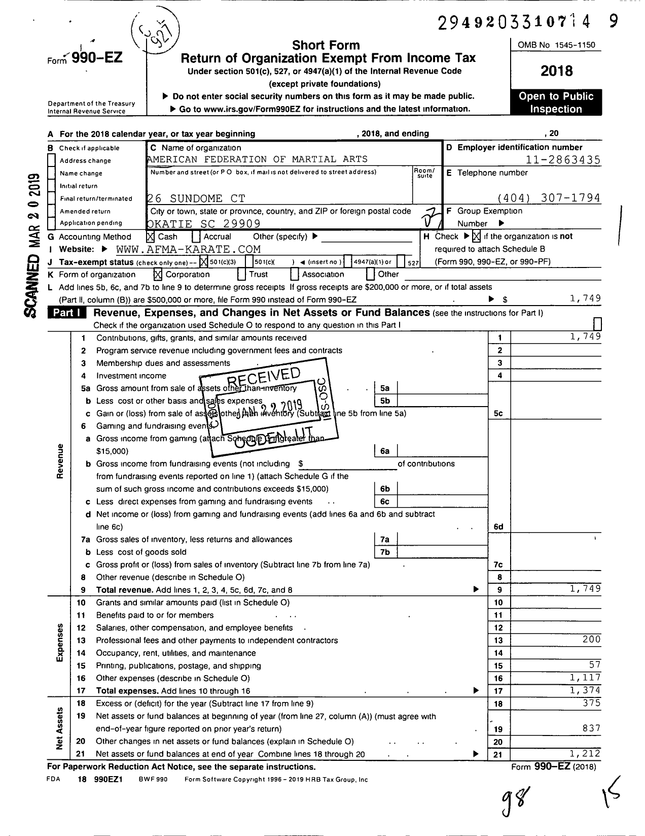 Image of first page of 2018 Form 990EZ for American Federation of Martial Arts