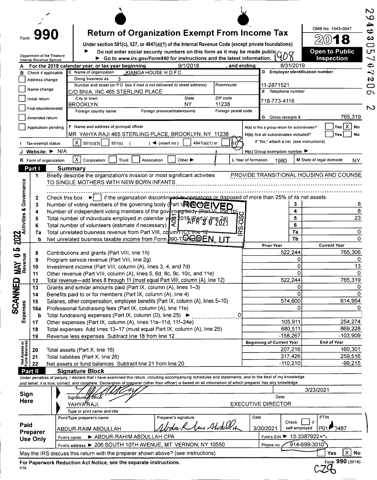 Image of first page of 2018 Form 990 for Kianga House HDFC