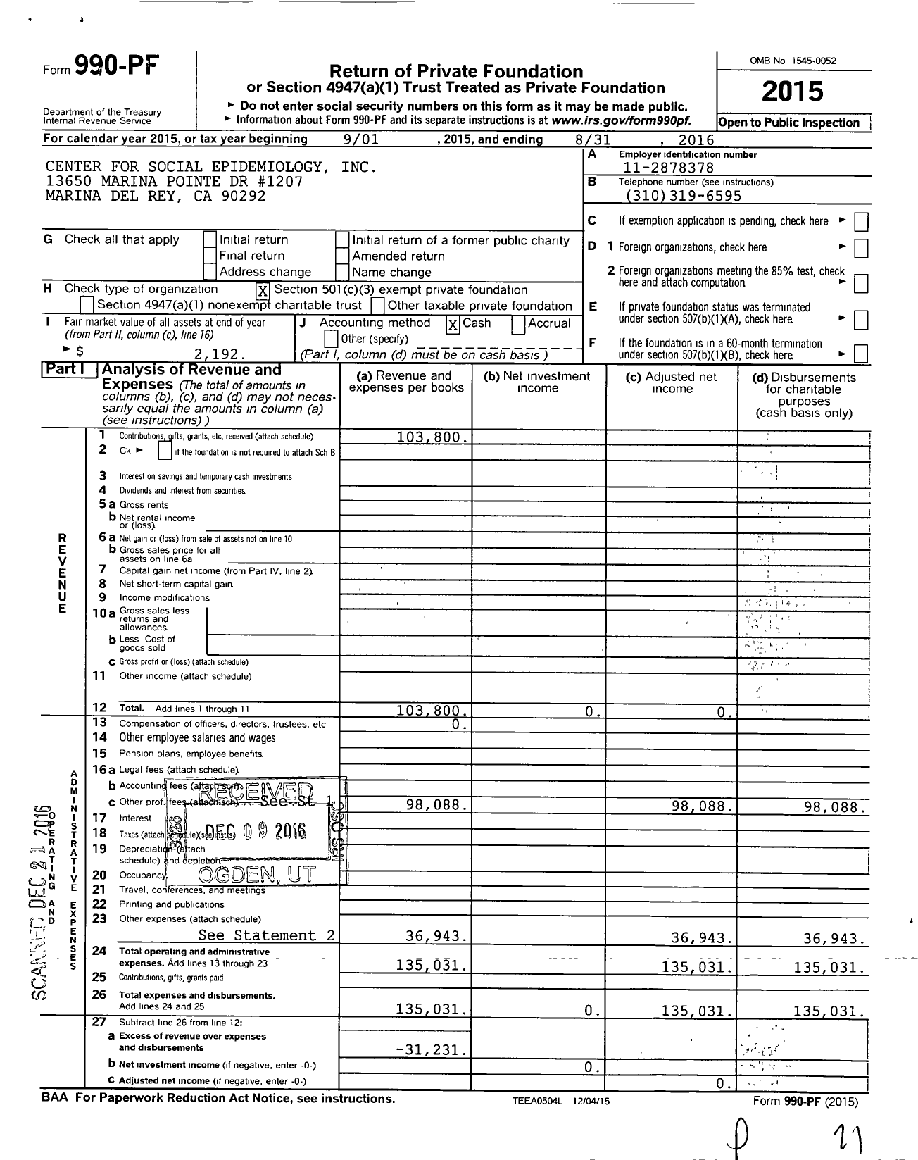 Image of first page of 2015 Form 990PF for Center for Social Epidemiology