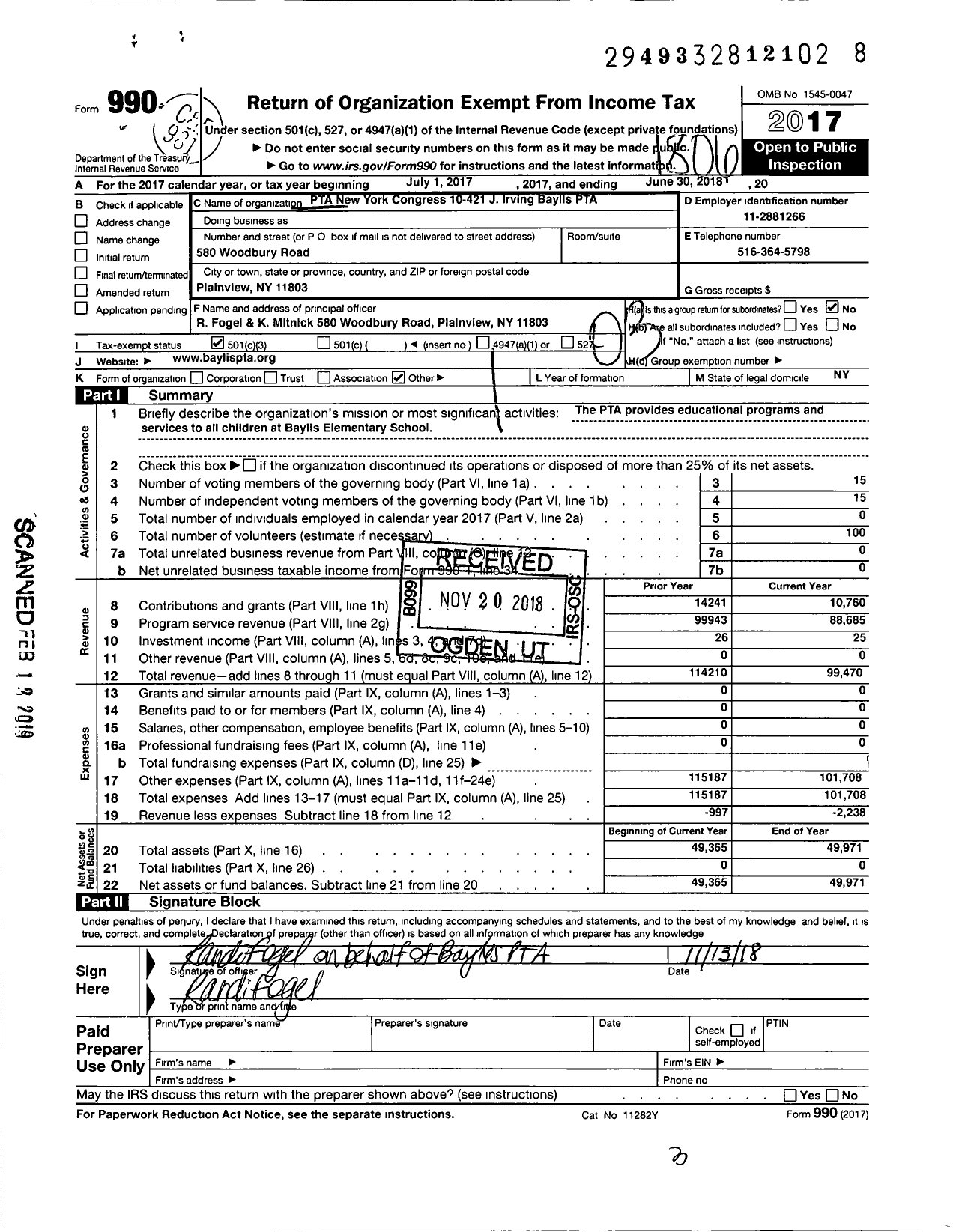 Image of first page of 2017 Form 990 for New York State PTA - 010-421 J Irving Baylis PTA