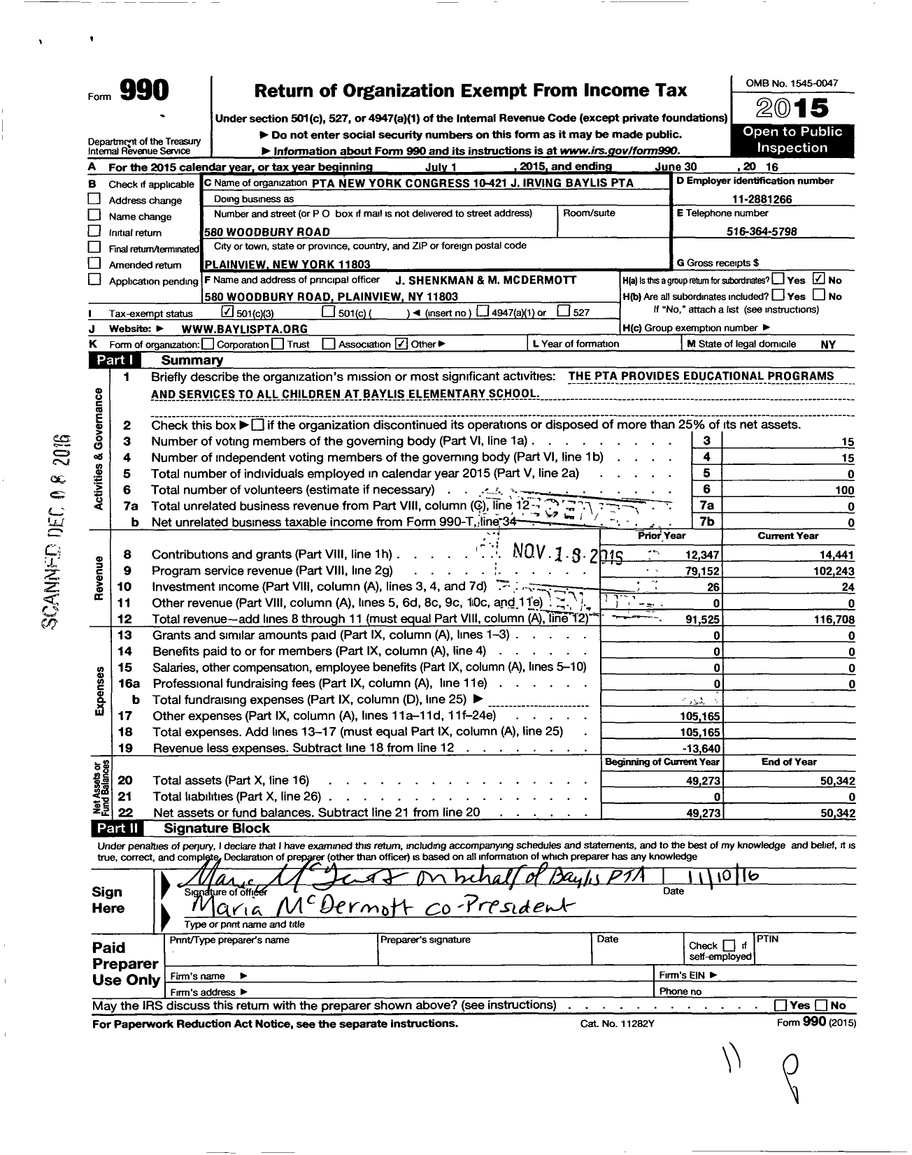 Image of first page of 2015 Form 990 for New York State PTA - 010-421 J Irving Baylis PTA