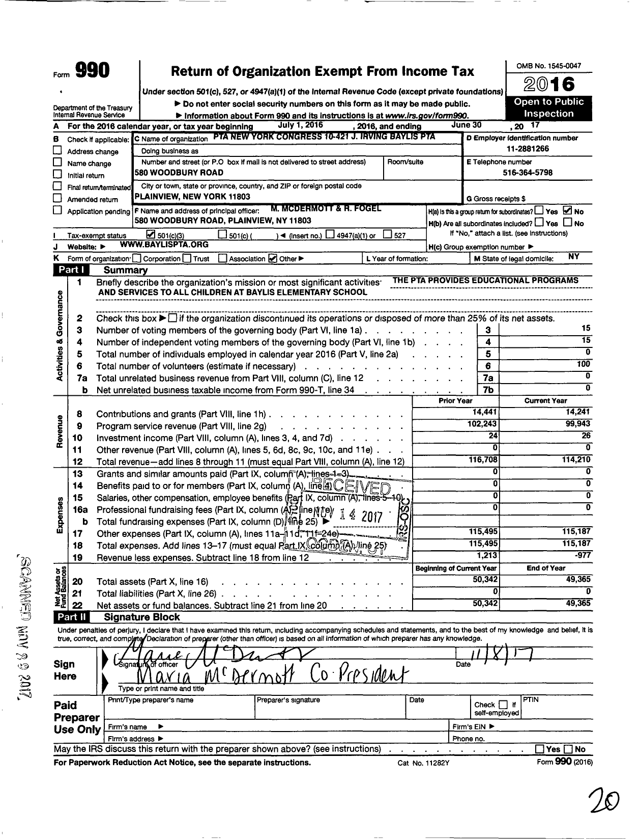 Image of first page of 2016 Form 990 for New York State PTA - 010-421 J Irving Baylis PTA