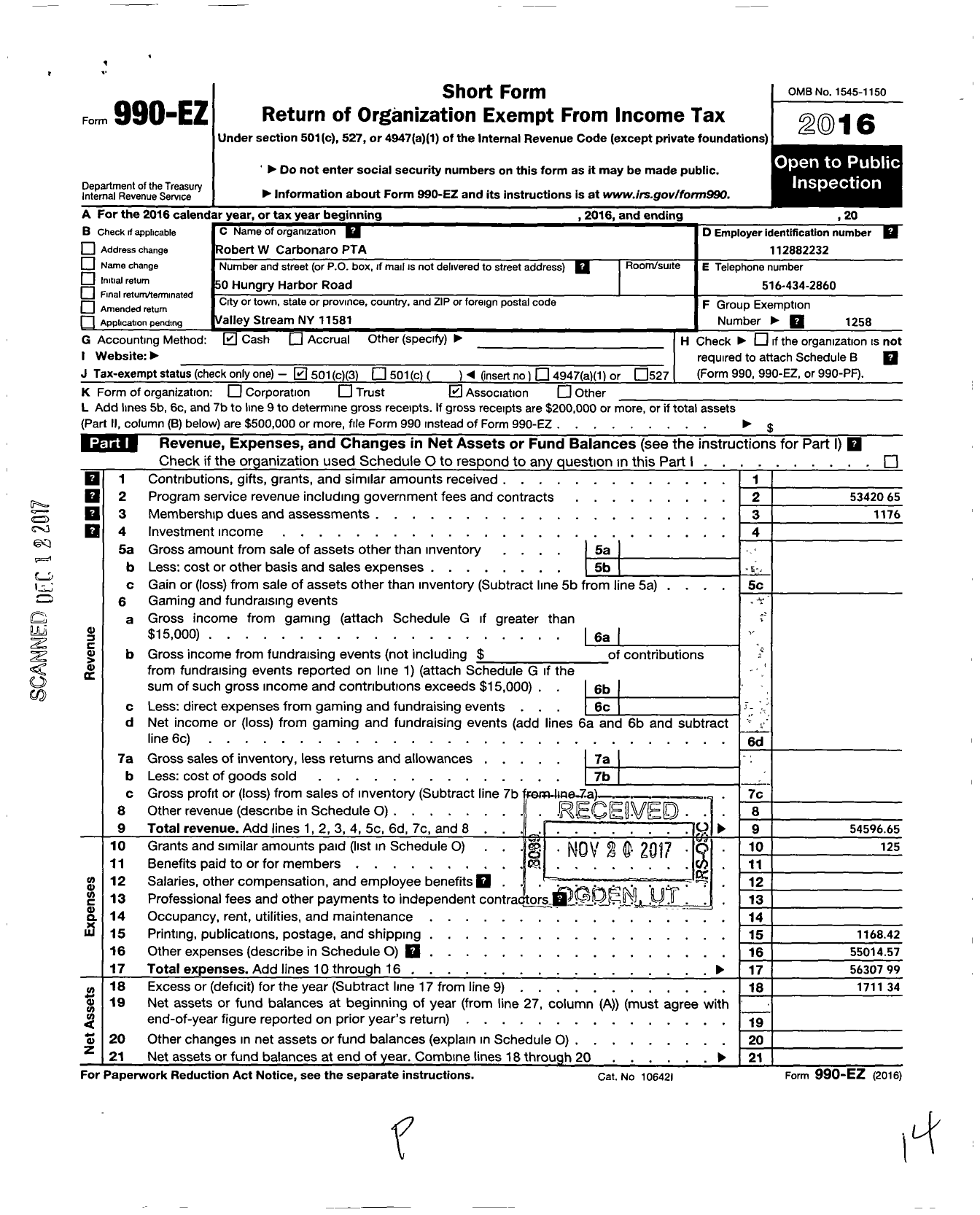 Image of first page of 2016 Form 990EZ for New York State PTA - 010-269 Robert W Carbonaro PTA