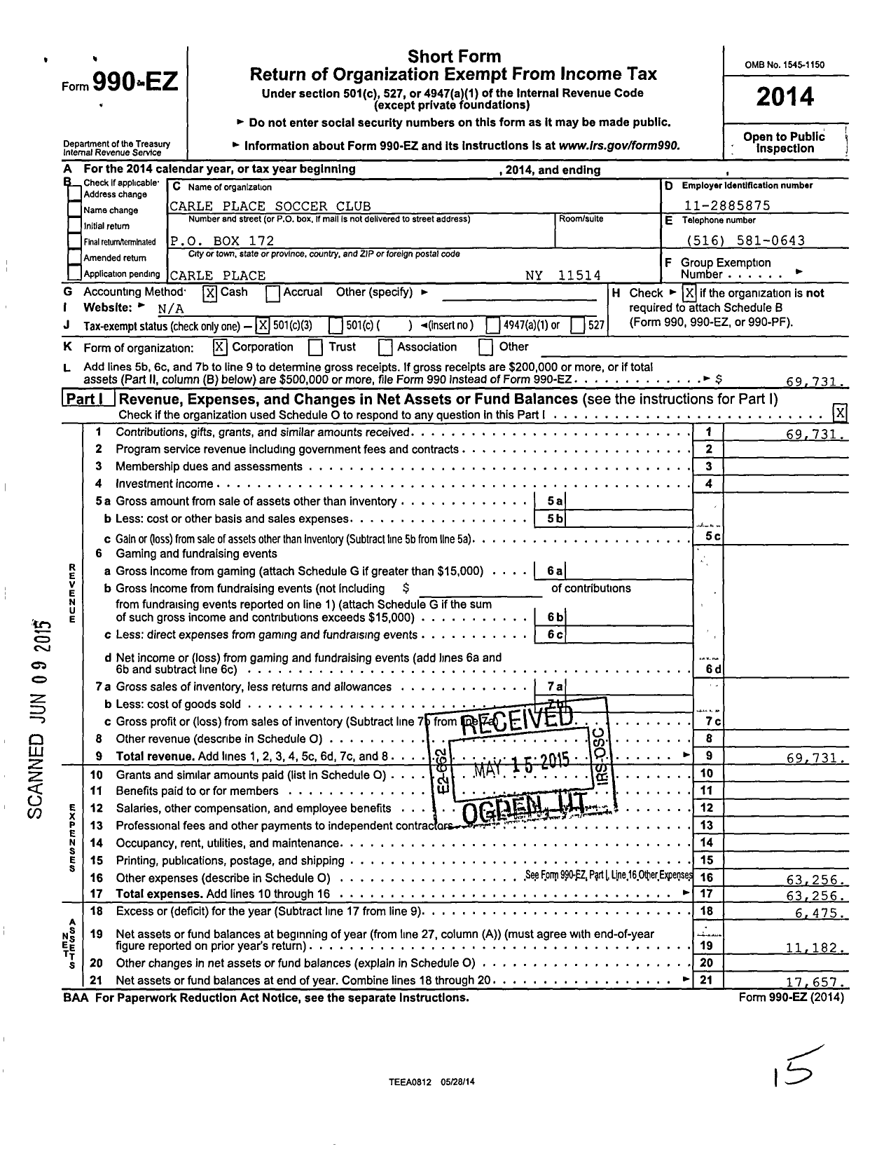 Image of first page of 2014 Form 990EZ for Carle Place Soccer Club