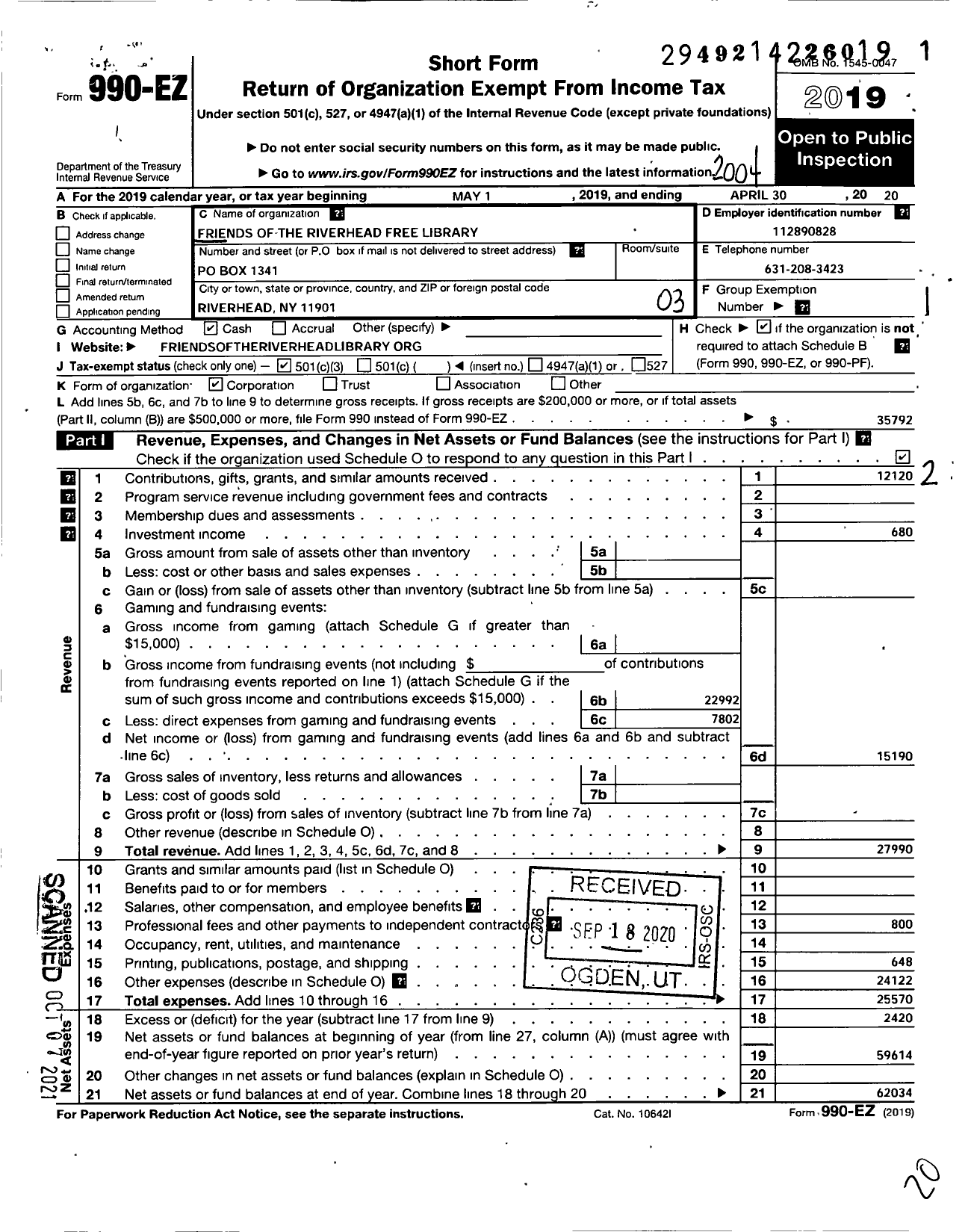 Image of first page of 2019 Form 990EZ for Friends of the Riverhead Library