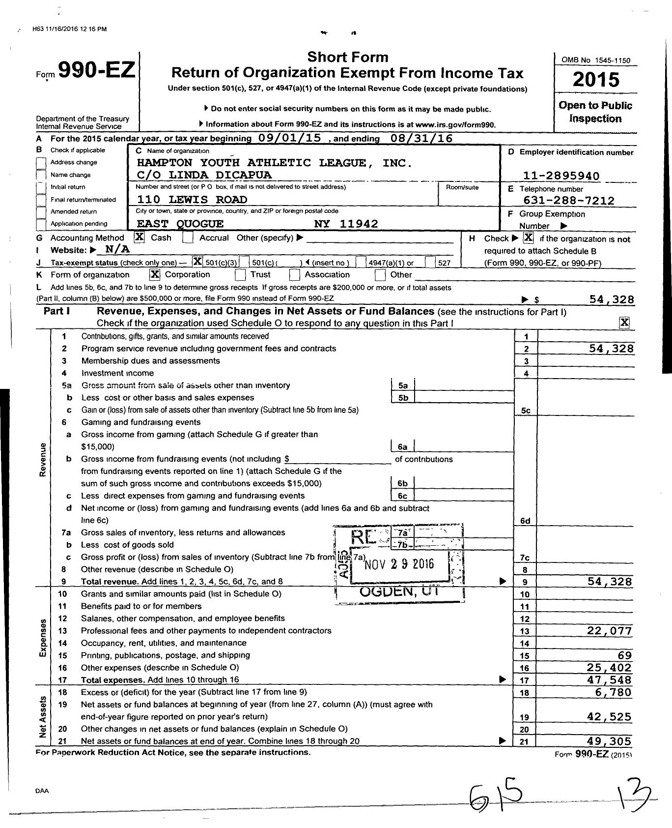 Image of first page of 2015 Form 990EZ for Hampton Youth Athletic League