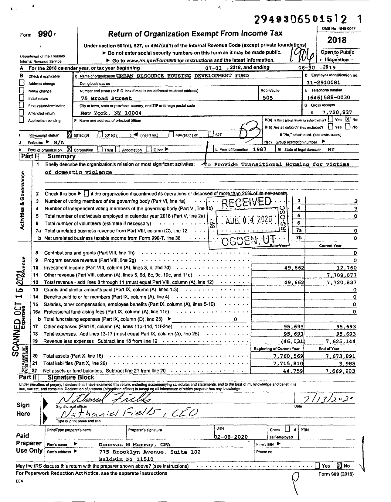 Image of first page of 2018 Form 990 for Urban Resource Housing Development Fund