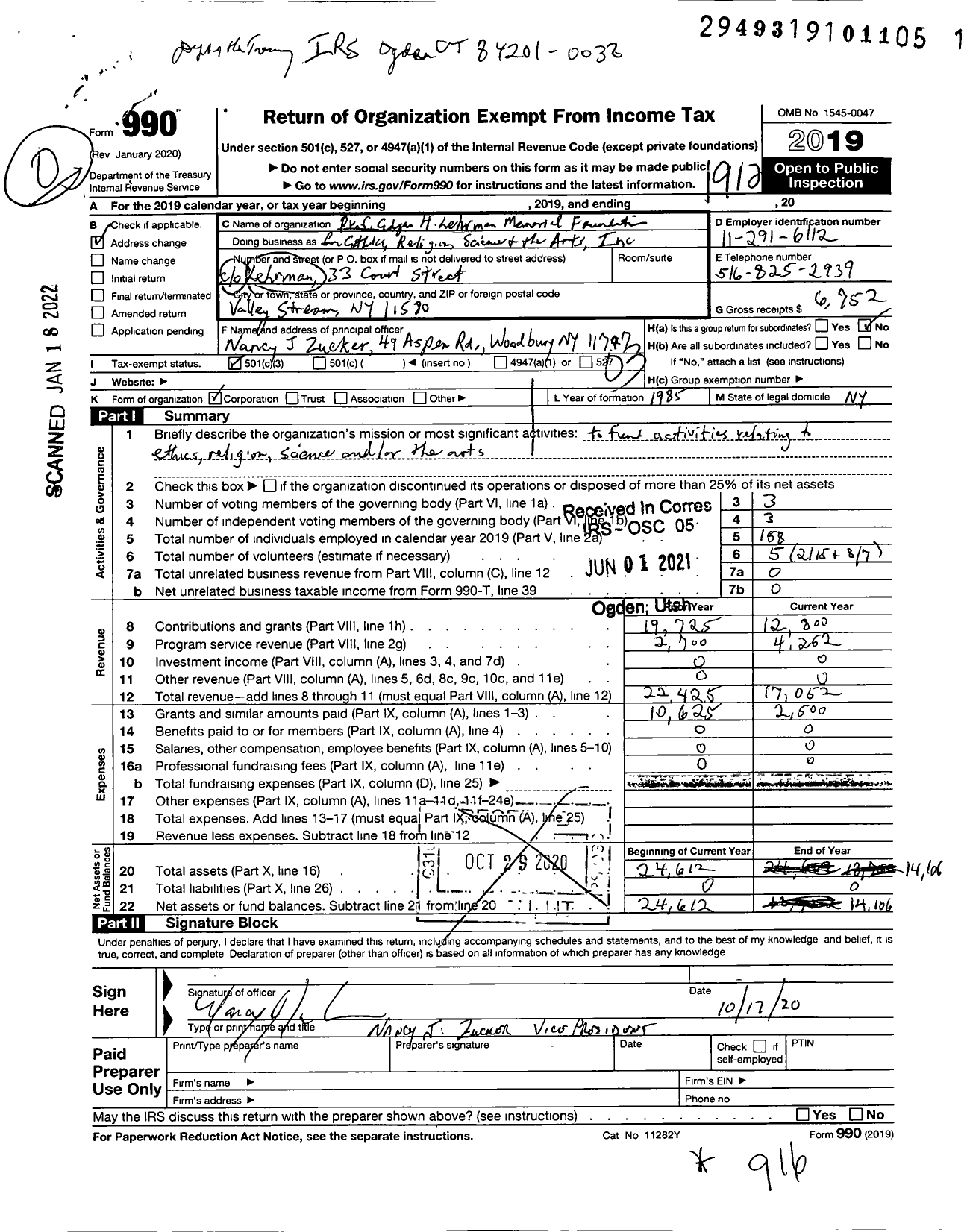 Image of first page of 2019 Form 990 for Professor Edgar H Lehrman Memorial Foundation for Ethics Religion