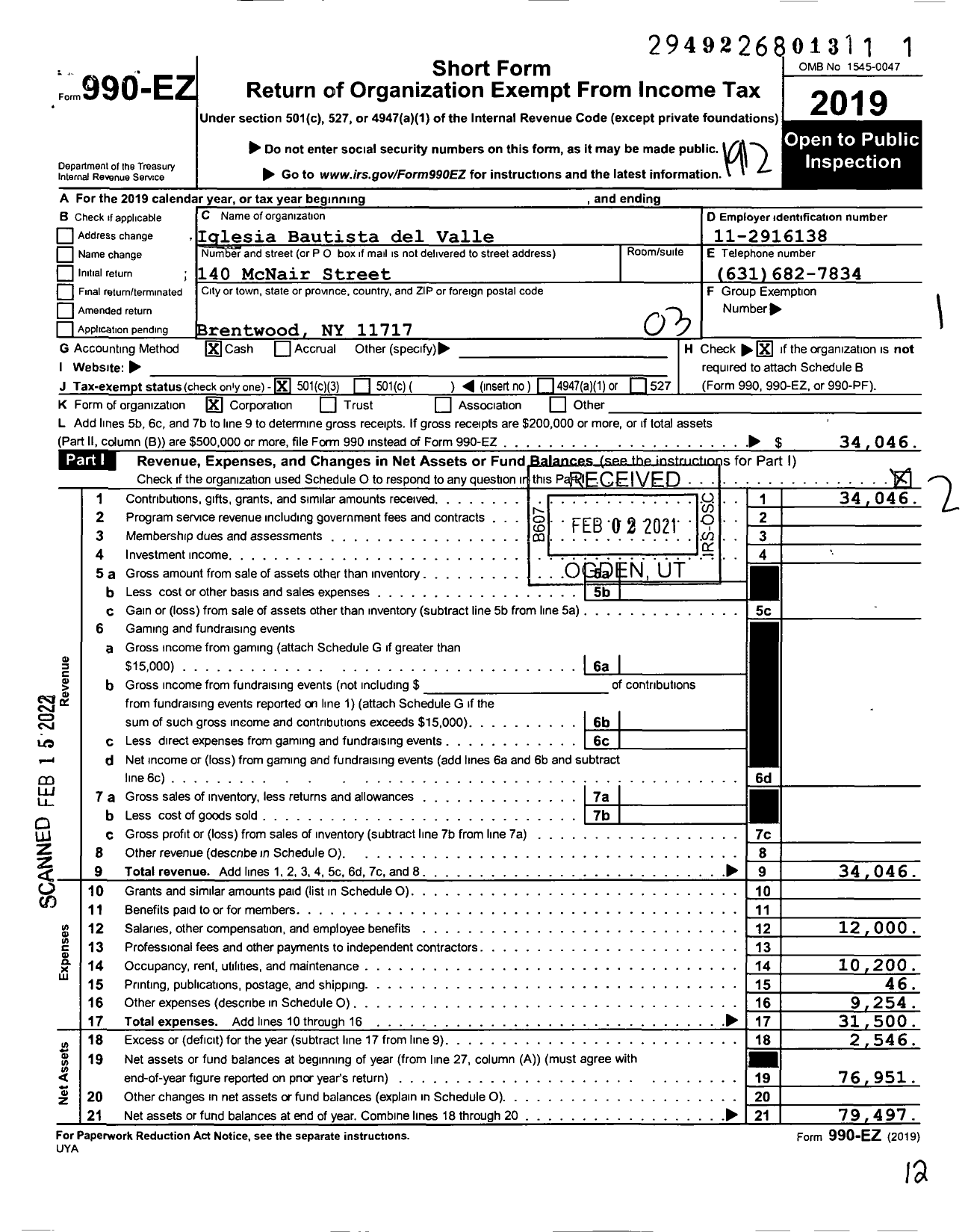 Image of first page of 2019 Form 990EZ for Iglesia Bautista del Valle