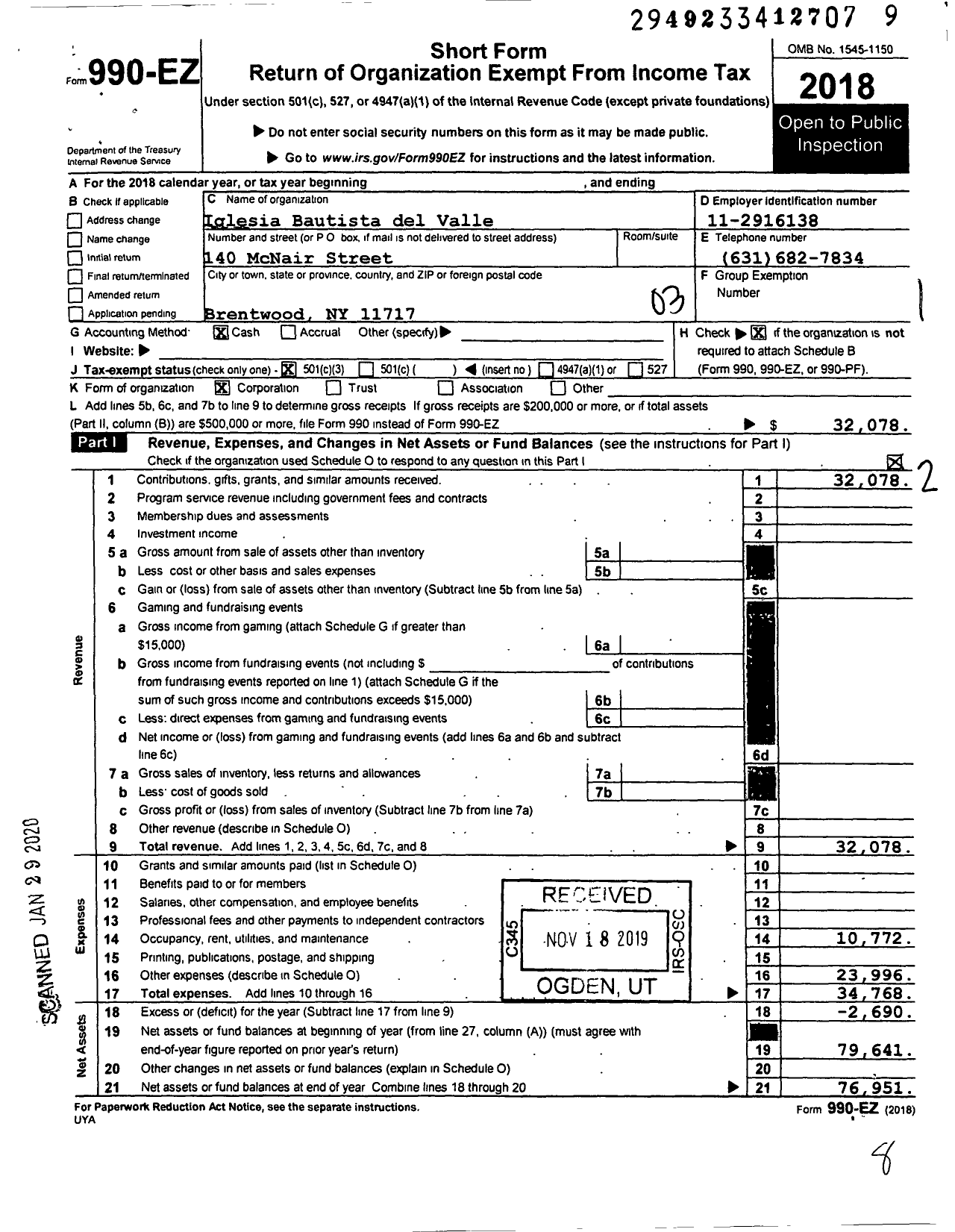 Image of first page of 2018 Form 990EZ for Iglesia Bautista del Valle