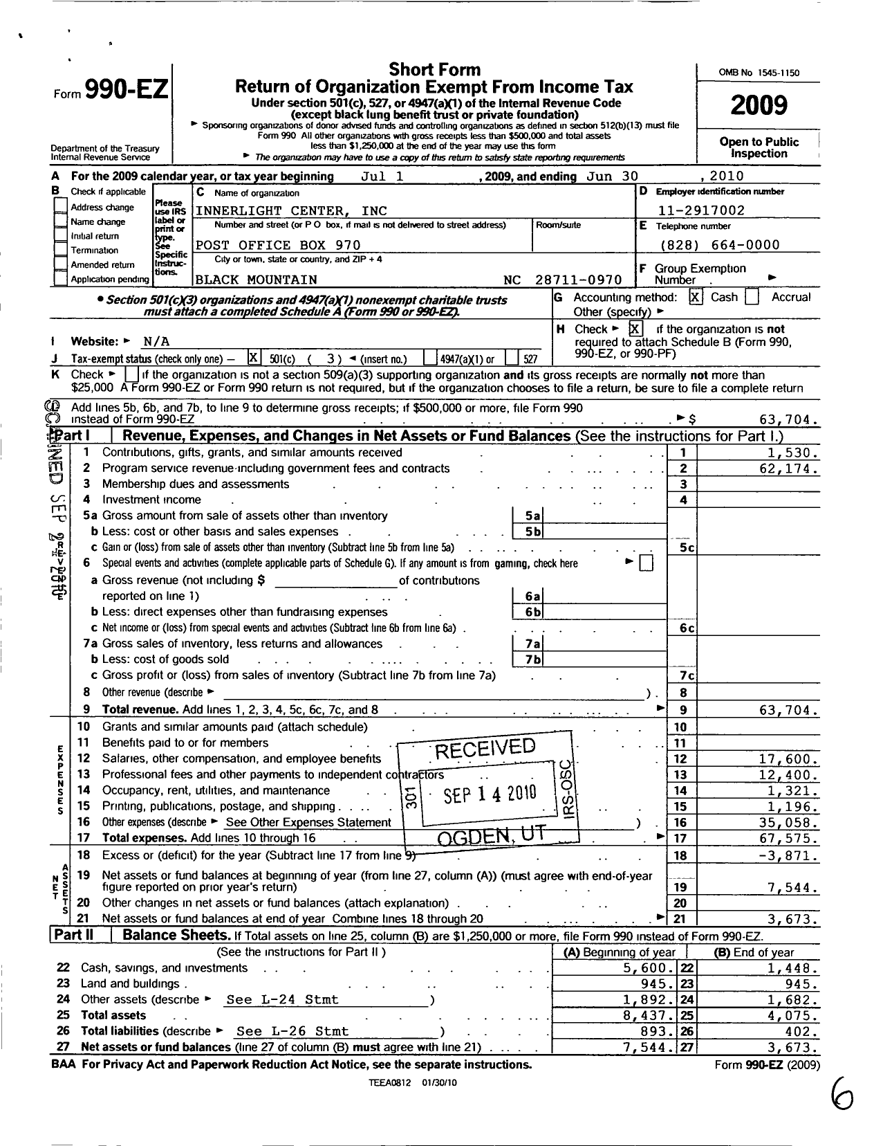 Image of first page of 2009 Form 990EZ for Innerlight Center