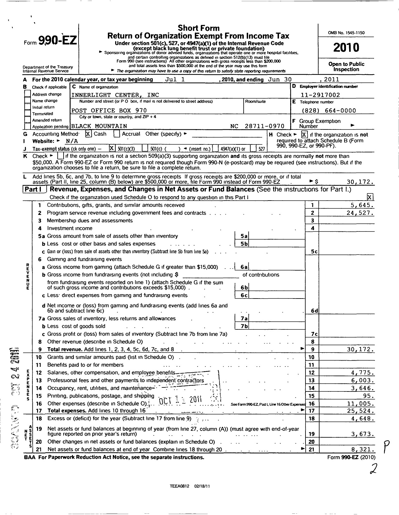 Image of first page of 2010 Form 990EZ for Innerlight Center