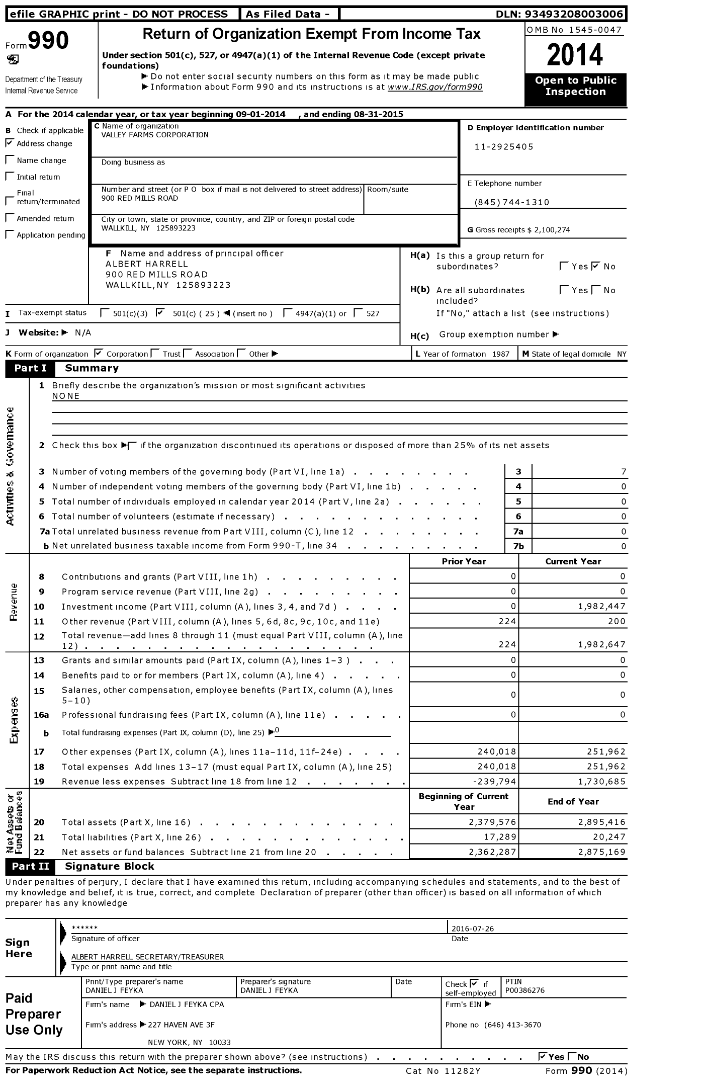 Image of first page of 2014 Form 990O for Valley Farms Corporation