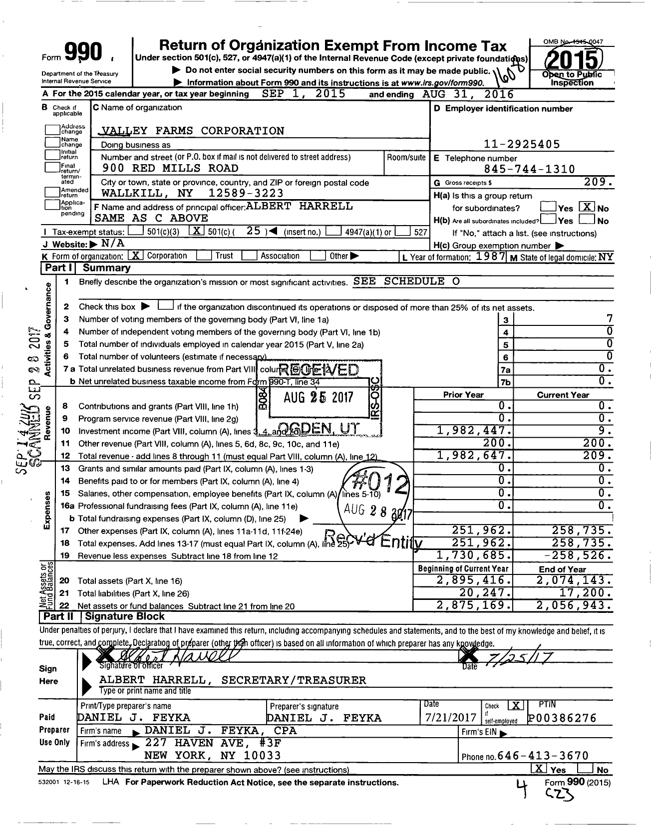 Image of first page of 2015 Form 990O for Valley Farms Corporation
