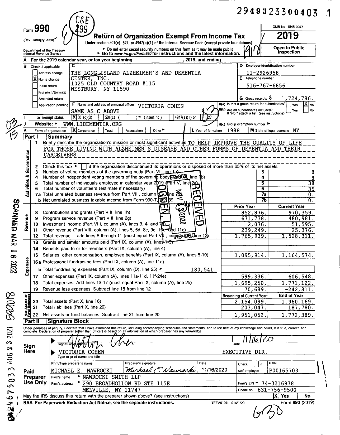 Image of first page of 2019 Form 990 for Long Island Alzheimers and Dementia Center