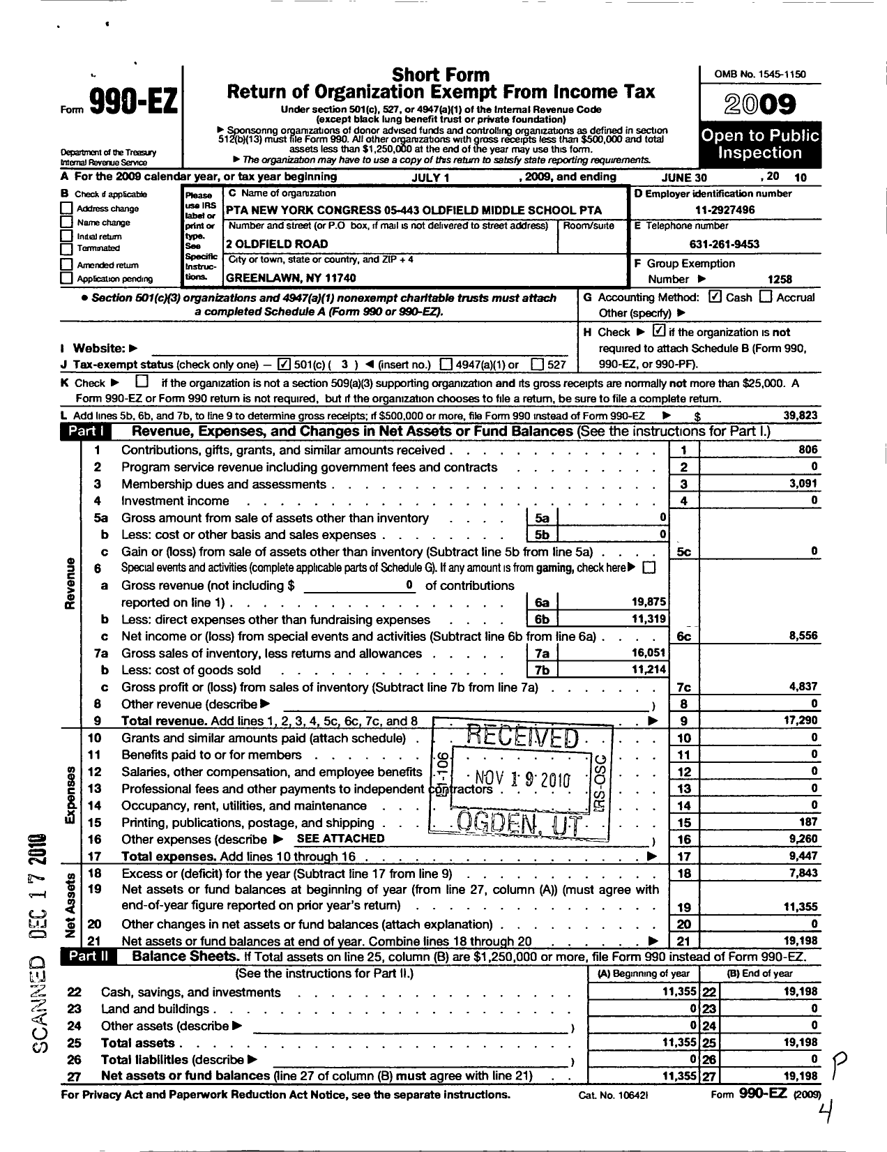 Image of first page of 2009 Form 990EZ for New York State pta - 005-443 Oldfield pta