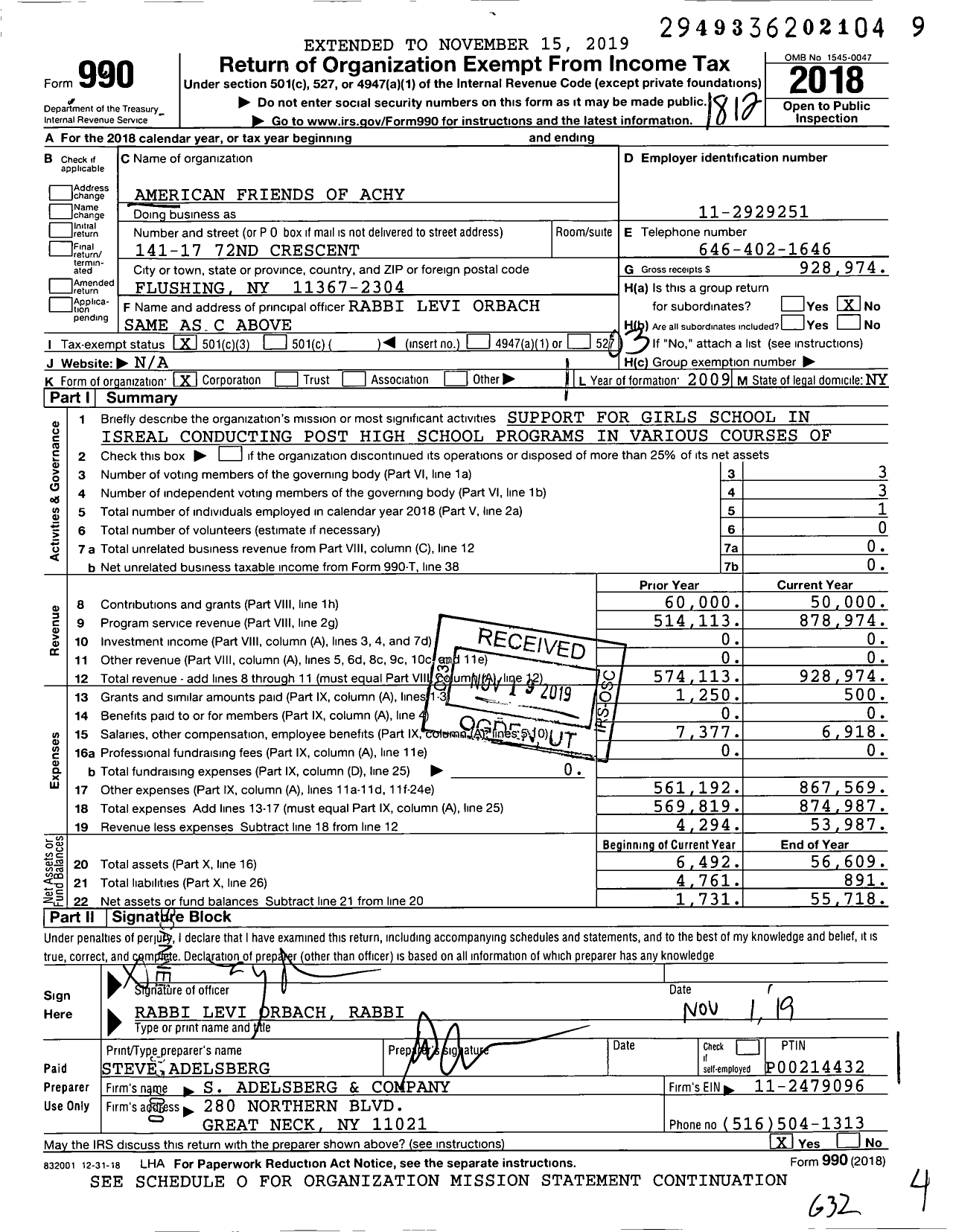 Image of first page of 2018 Form 990 for American Friends of Achy