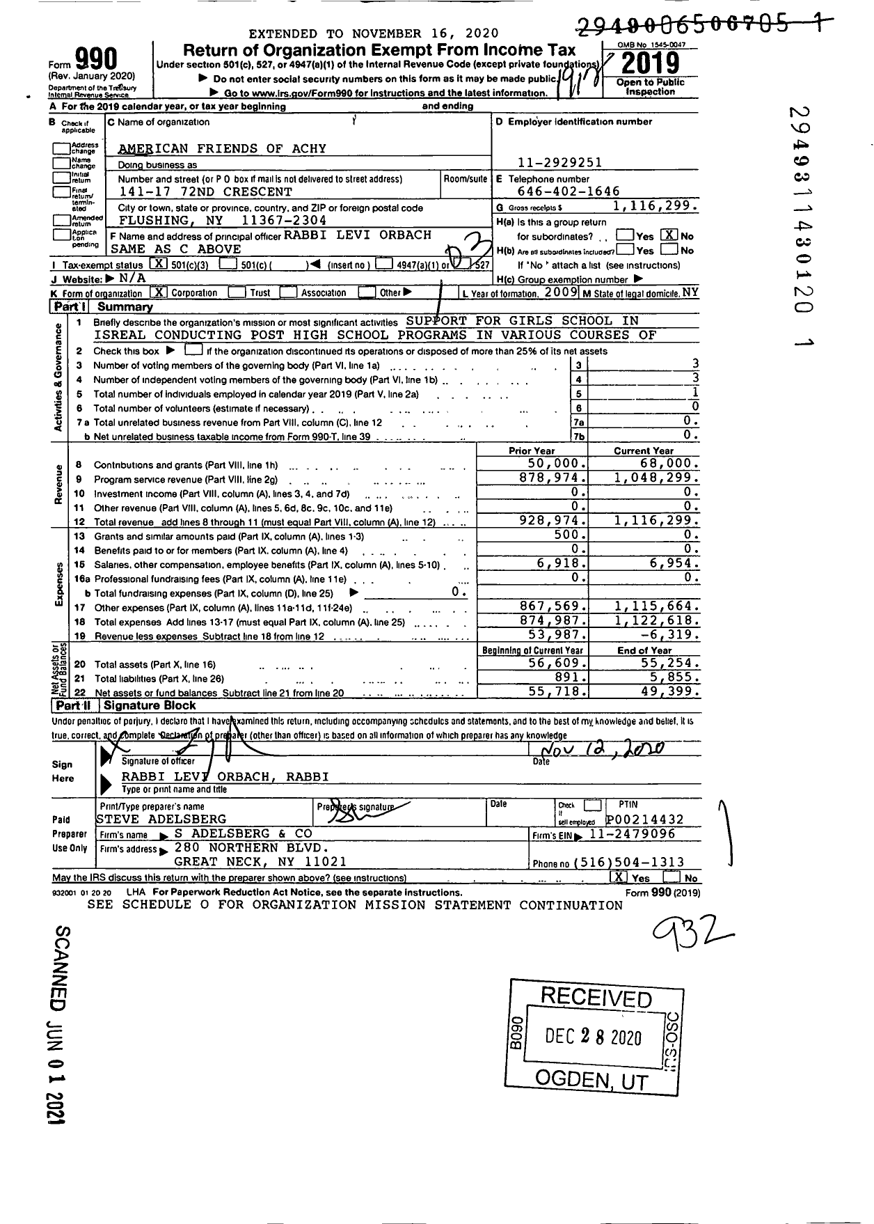 Image of first page of 2019 Form 990 for American Friends of Achy