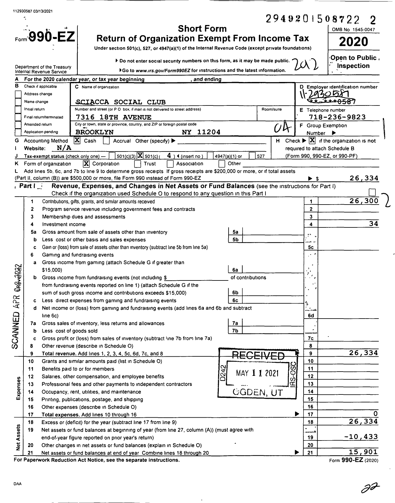 Image of first page of 2020 Form 990EO for Sciacca Social Club